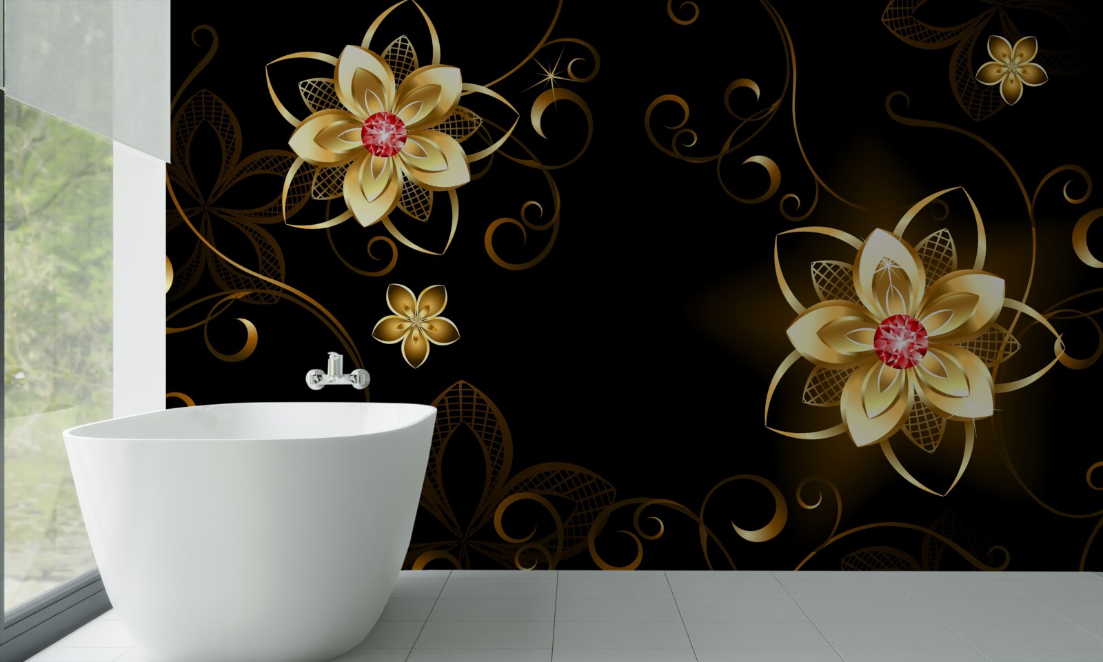 Papier peint fleurs dorées sur fond noir