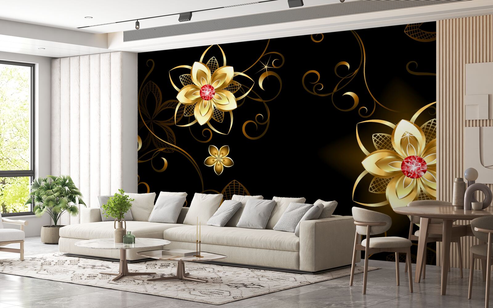 Papier peint fleurs dorées sur fond noir