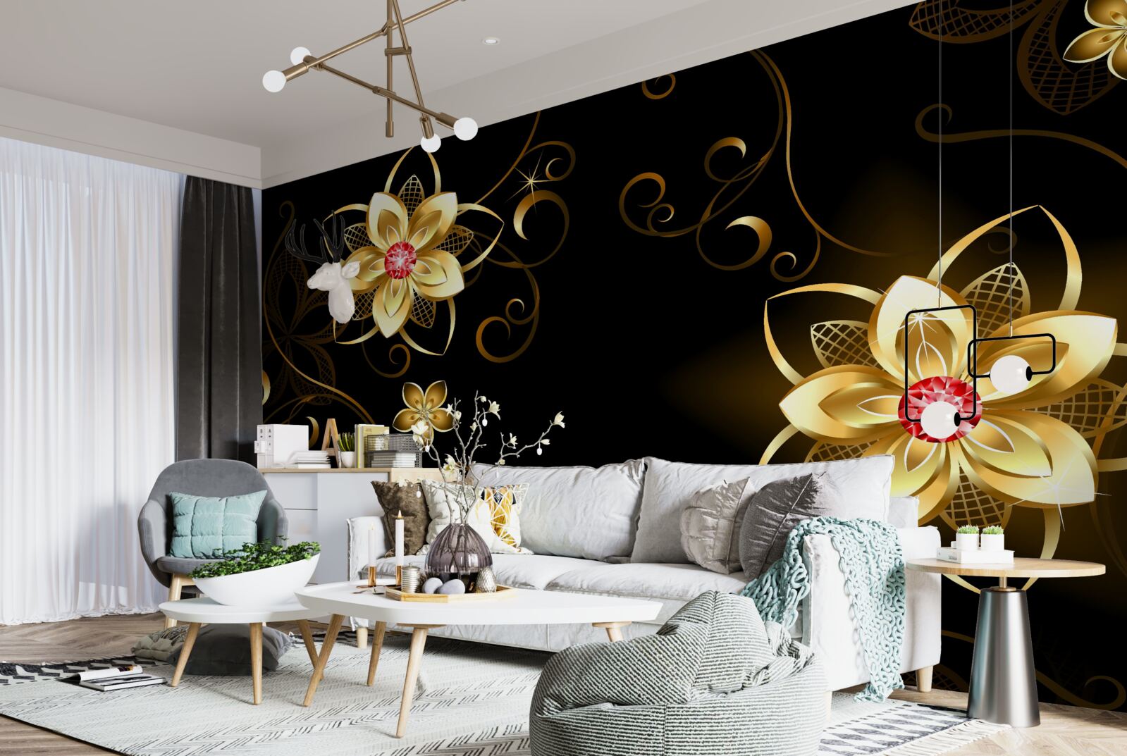 Papier peint fleurs dorées sur fond noir