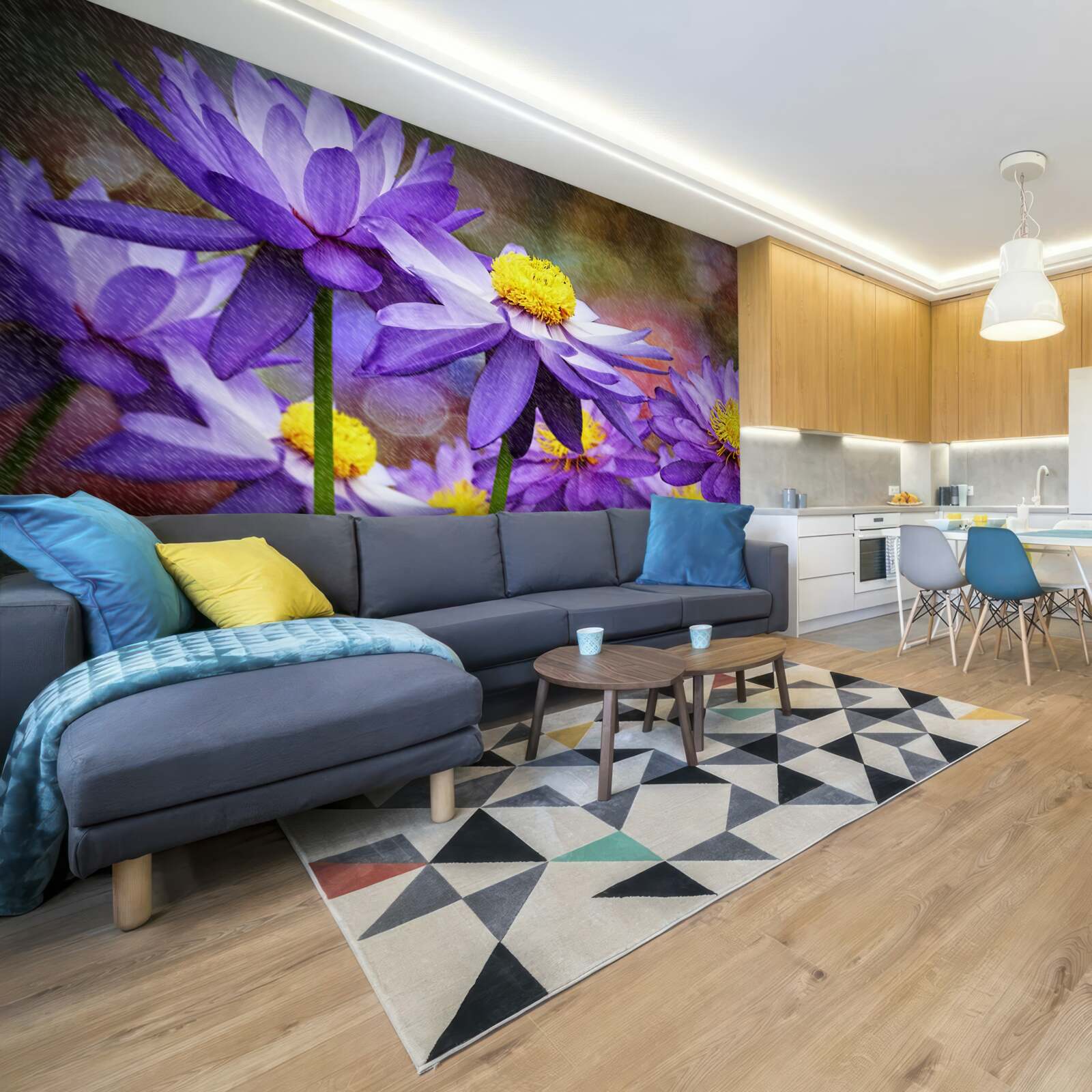 Papier peint fleurs violettes avec un centre jaune