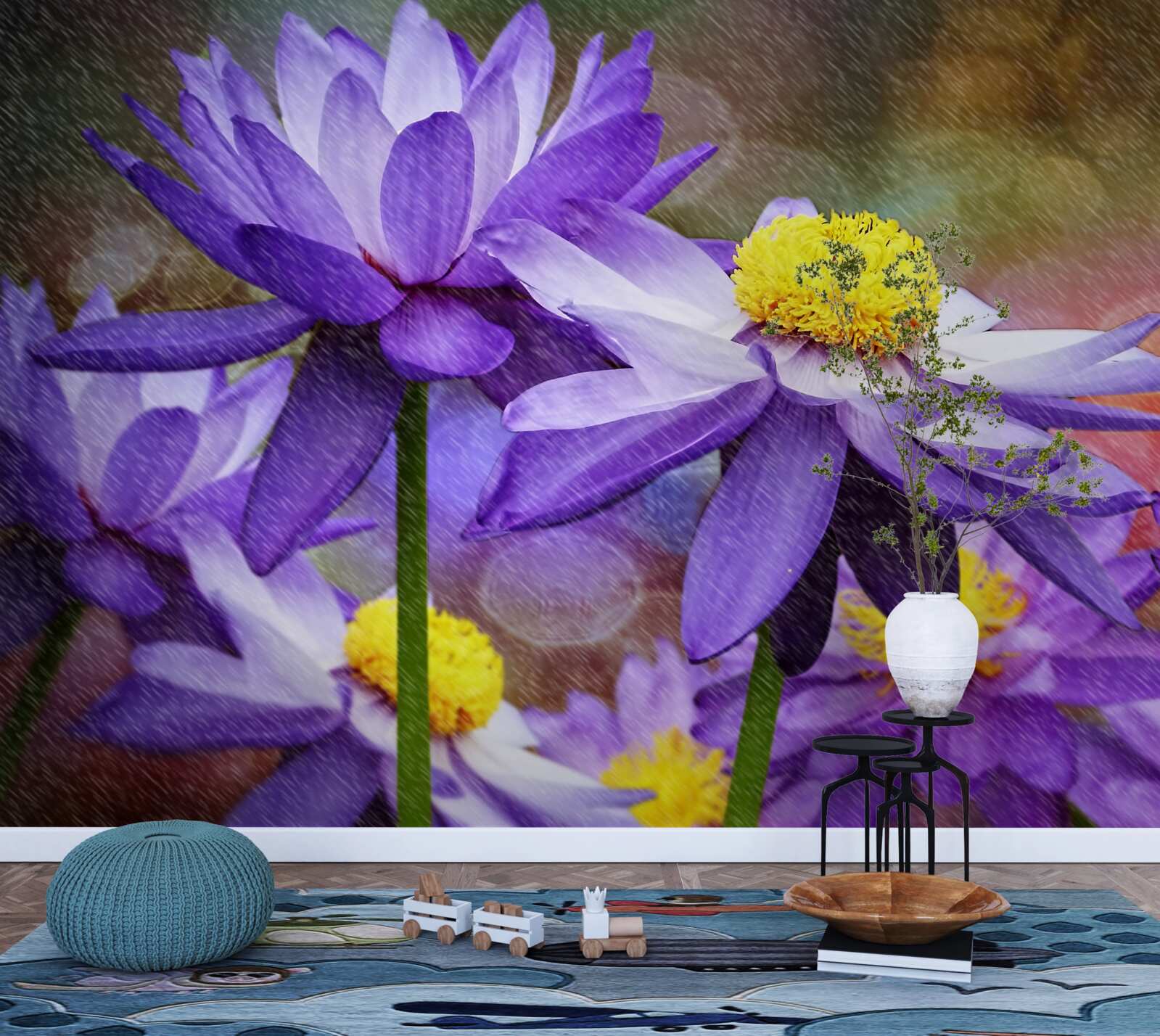 Papier peint fleurs violettes avec un centre jaune