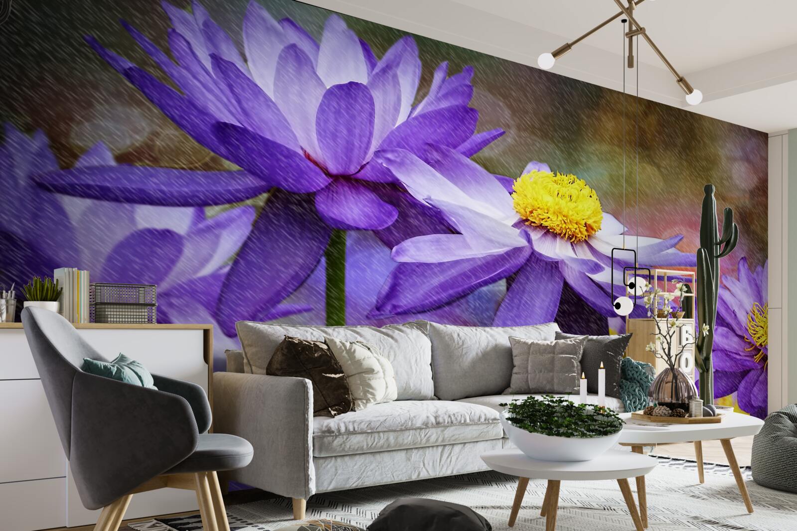 Papier peint fleurs violettes avec un centre jaune