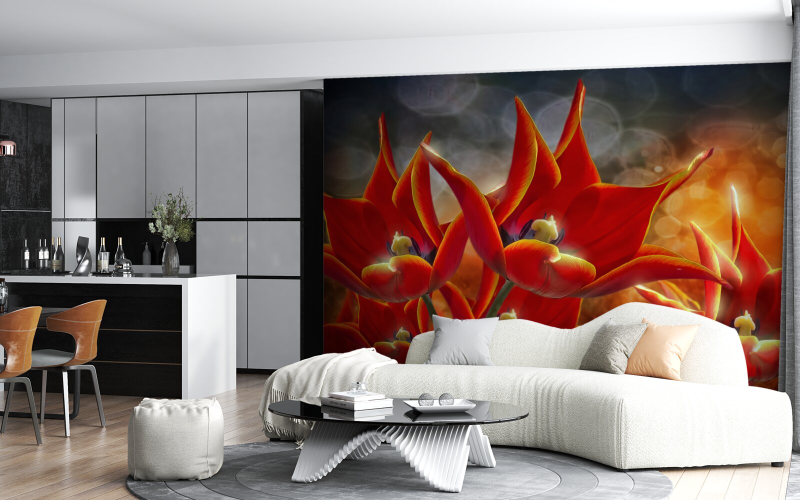 Papier peint grandes fleurs écarlates