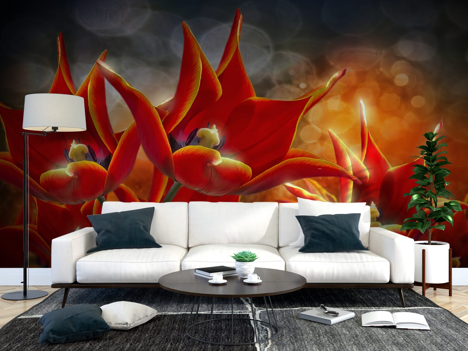 Papier peint grandes fleurs écarlates