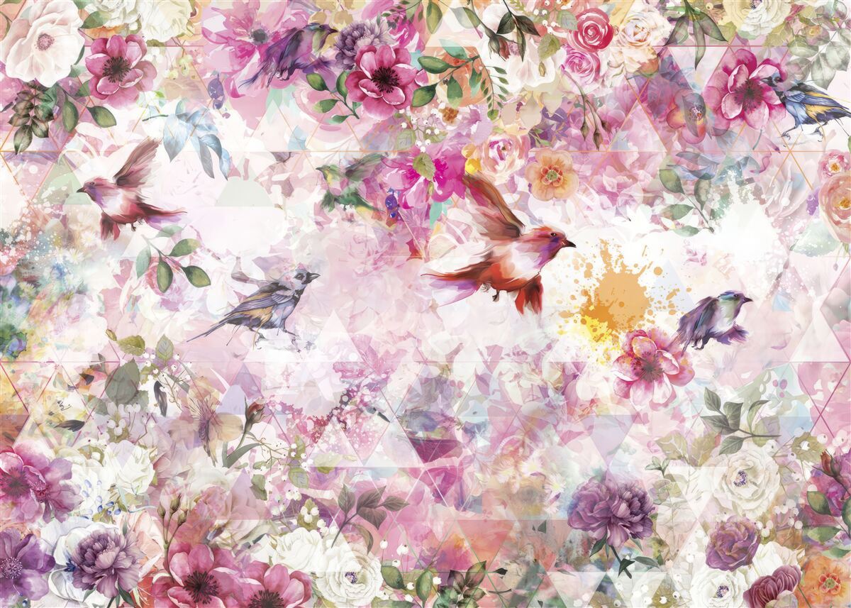 Papier peint arrière-plan avec des fleurs et des oiseaux