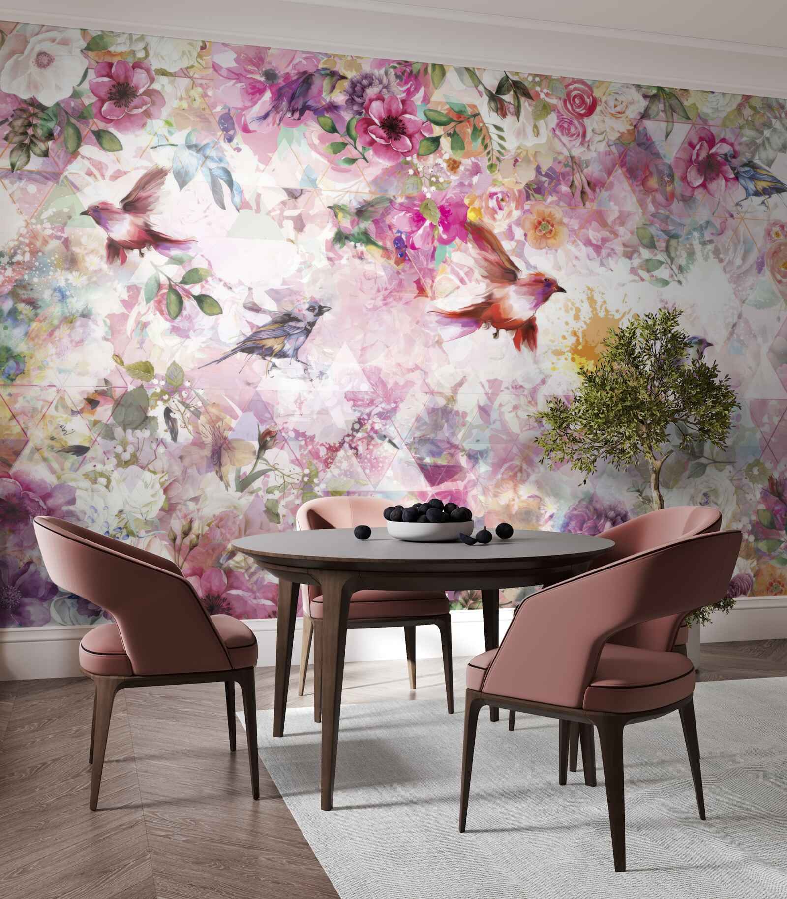 Papier peint arrière-plan avec des fleurs et des oiseaux