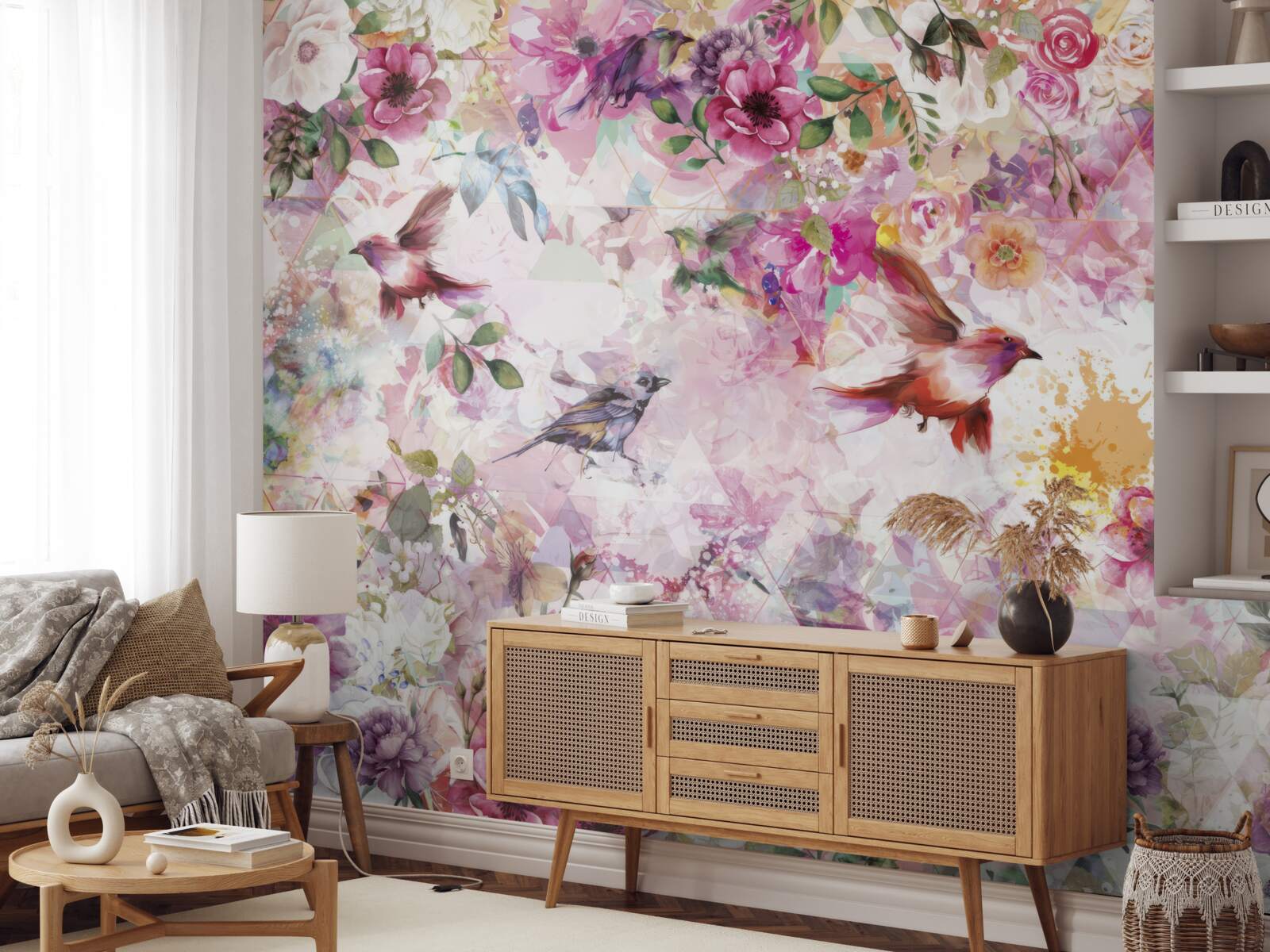Papier peint arrière-plan avec des fleurs et des oiseaux
