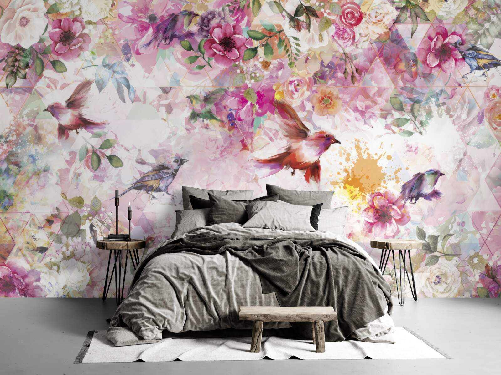 Papier peint arrière-plan avec des fleurs et des oiseaux