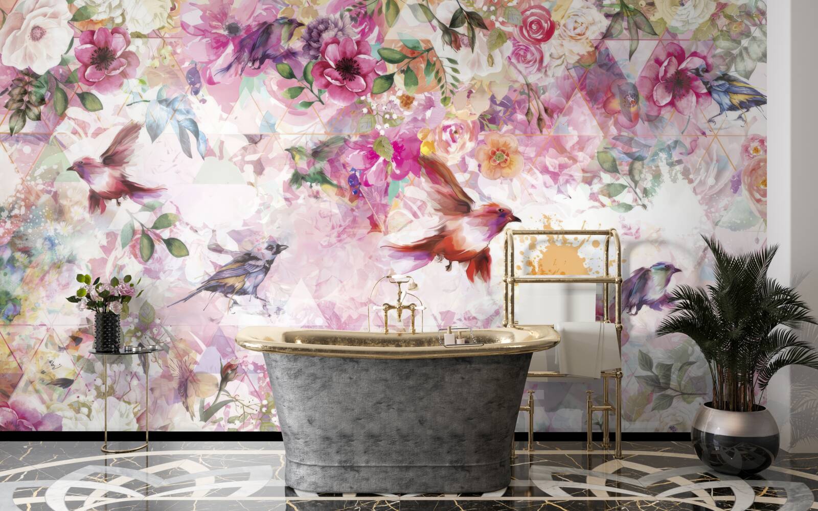Papier peint arrière-plan avec des fleurs et des oiseaux