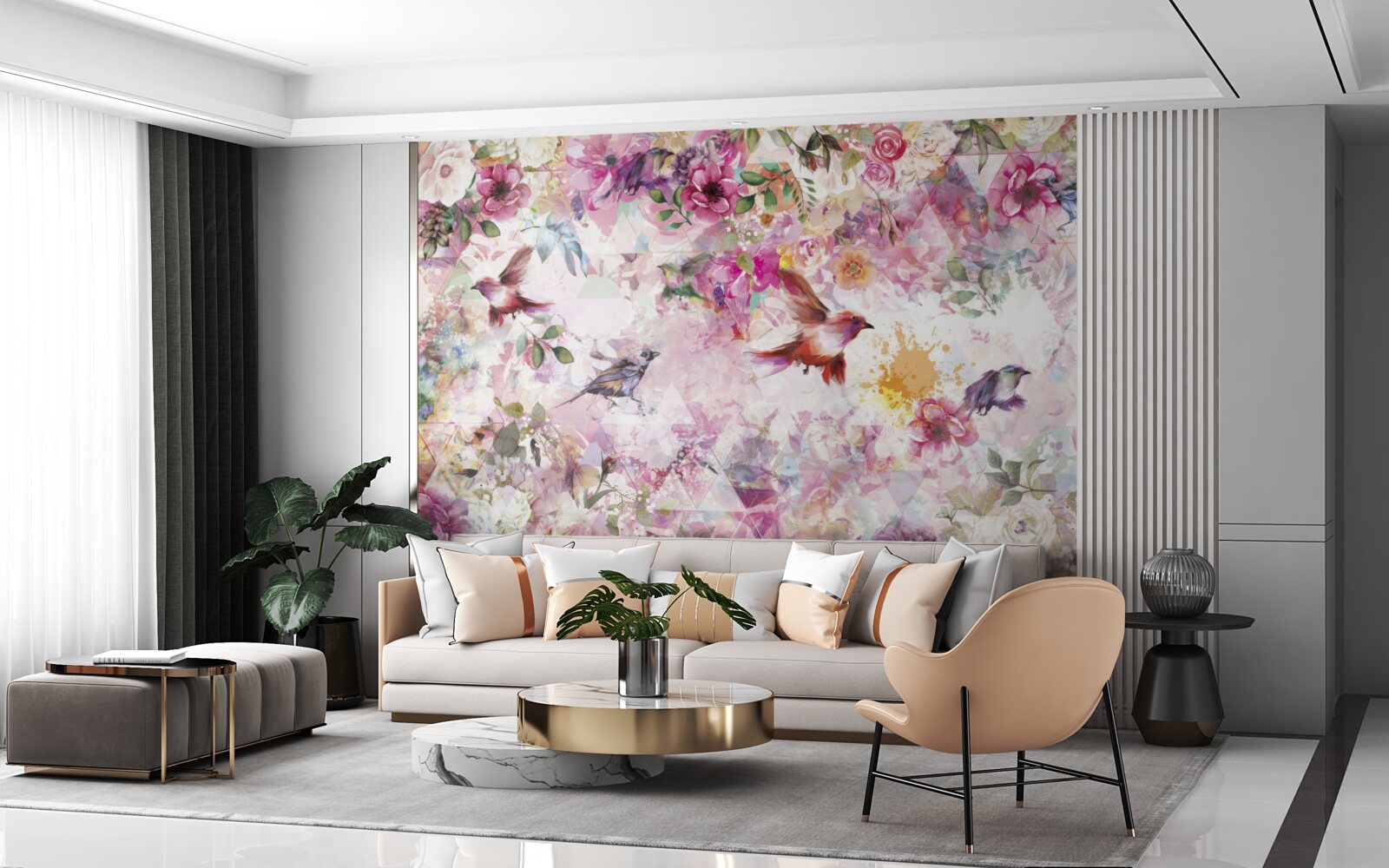 Papier peint arrière-plan avec des fleurs et des oiseaux