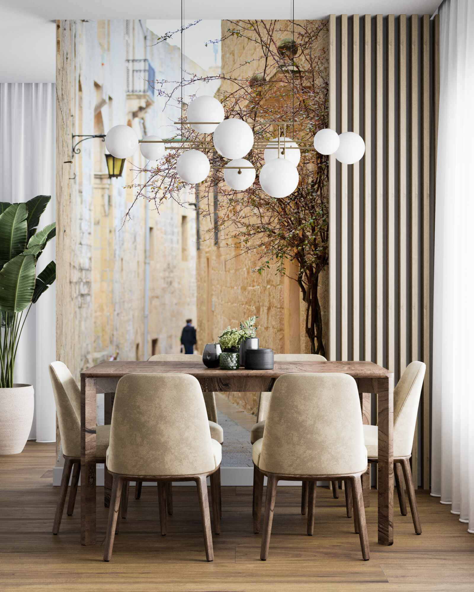 Papier peint dans une rue étroite, il y a un homme et un arbre