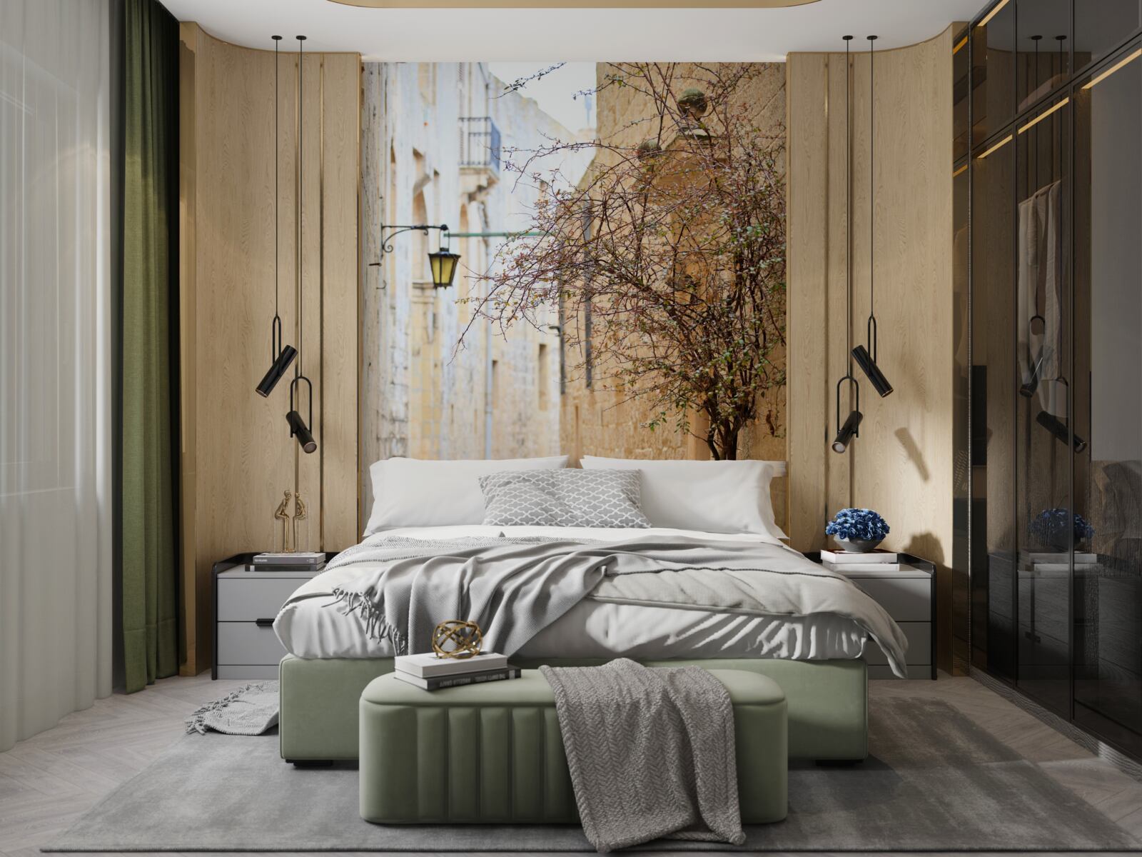 Papier peint dans une rue étroite, il y a un homme et un arbre