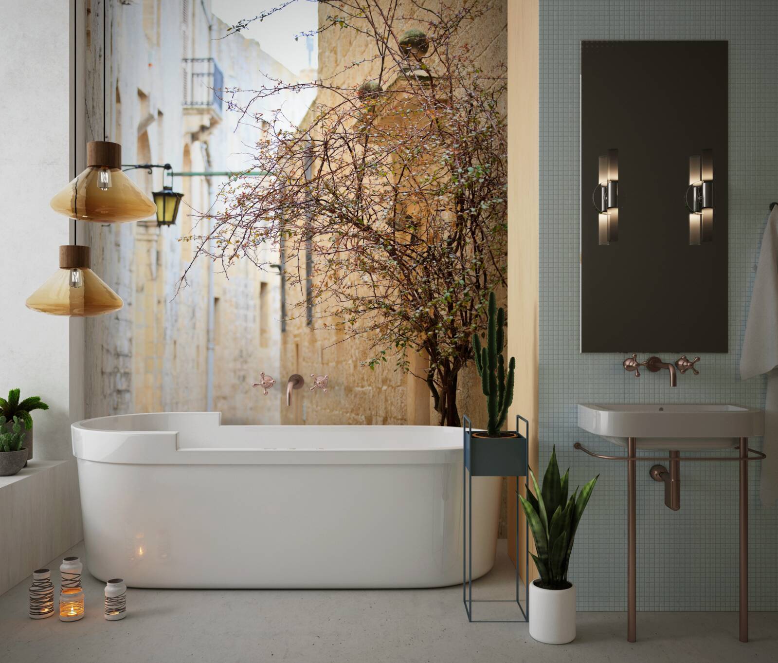 Papier peint dans une rue étroite, il y a un homme et un arbre