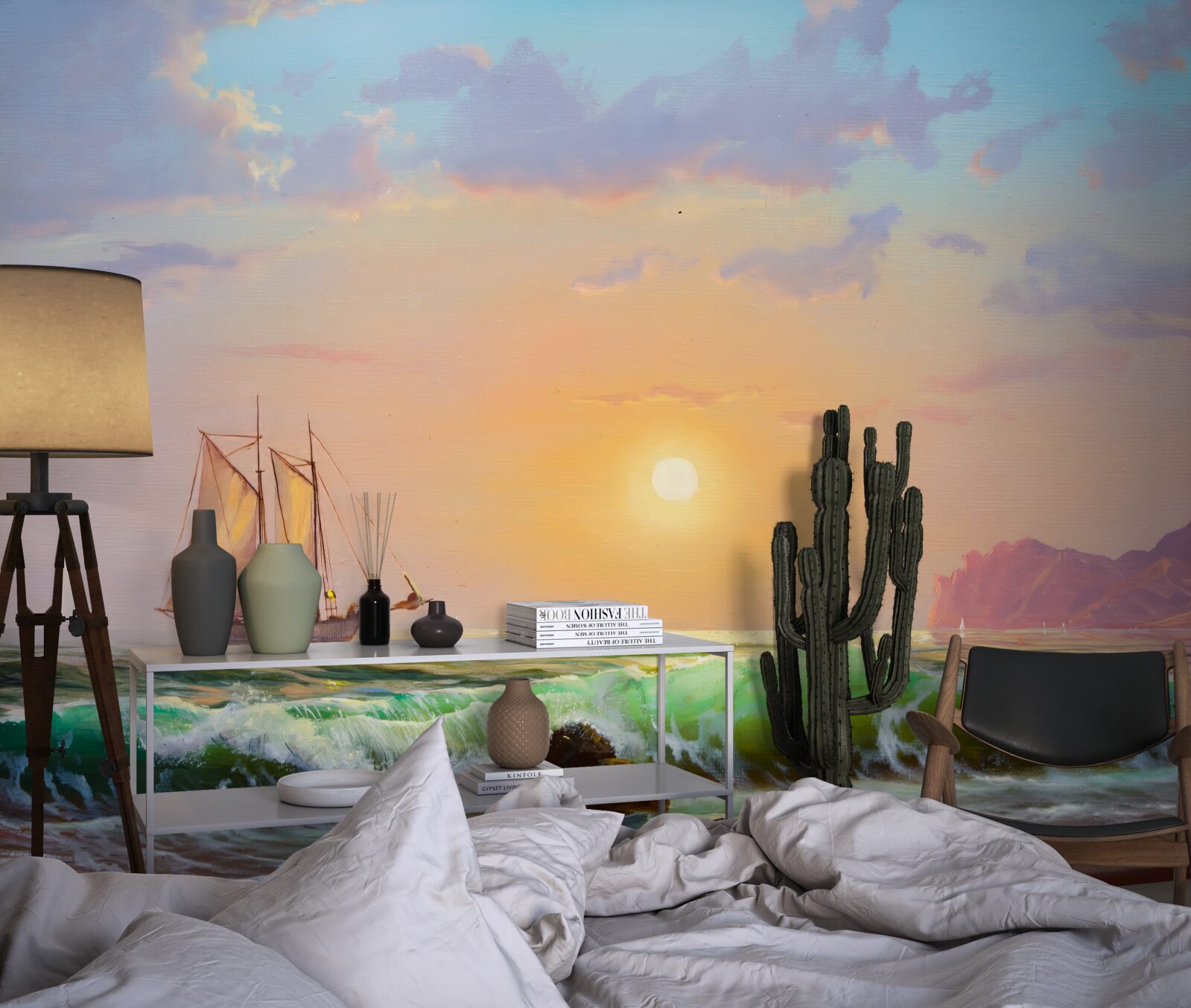 Papier peint le navire navigue sur fond de coucher de soleil