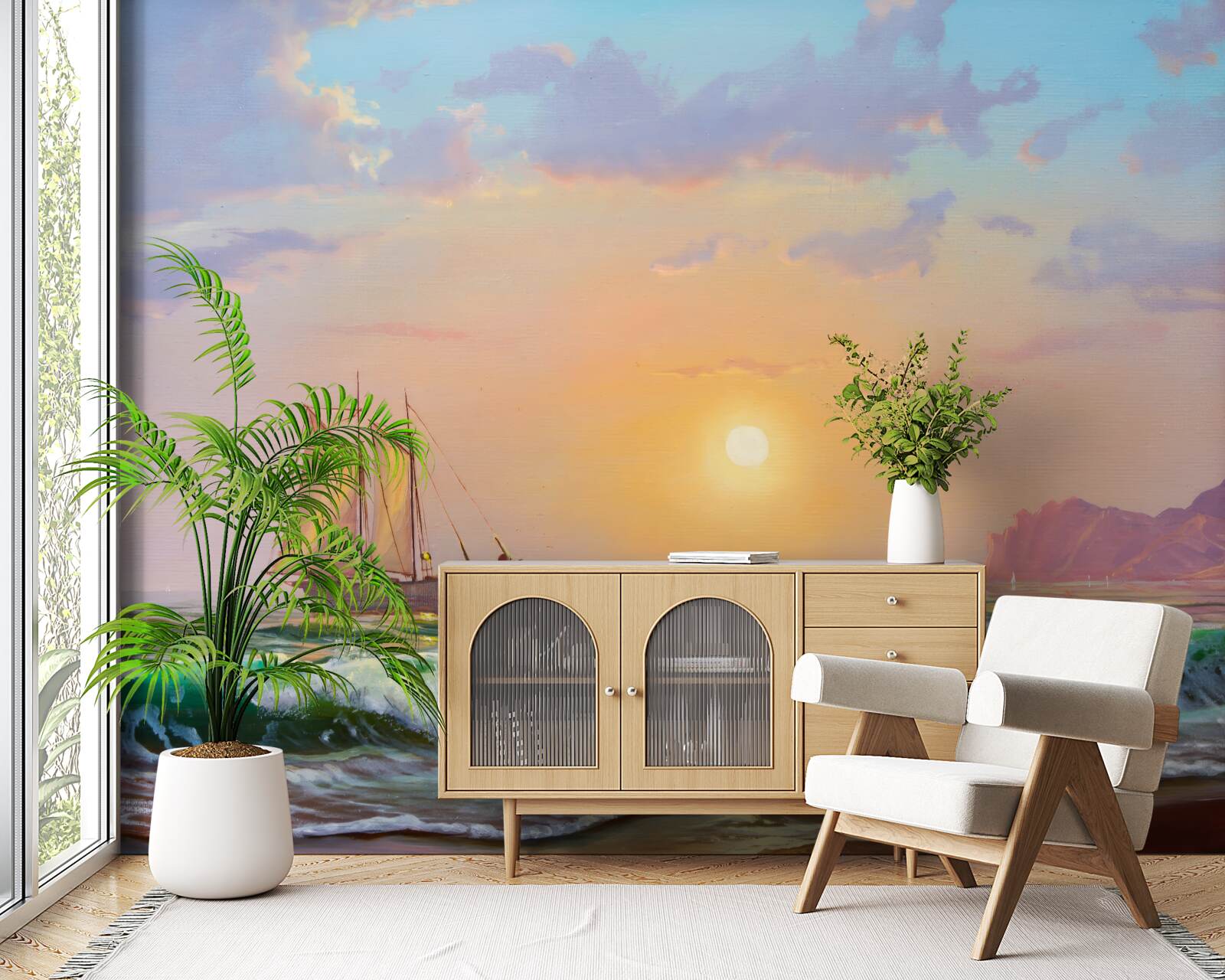 Papier peint le navire navigue sur fond de coucher de soleil