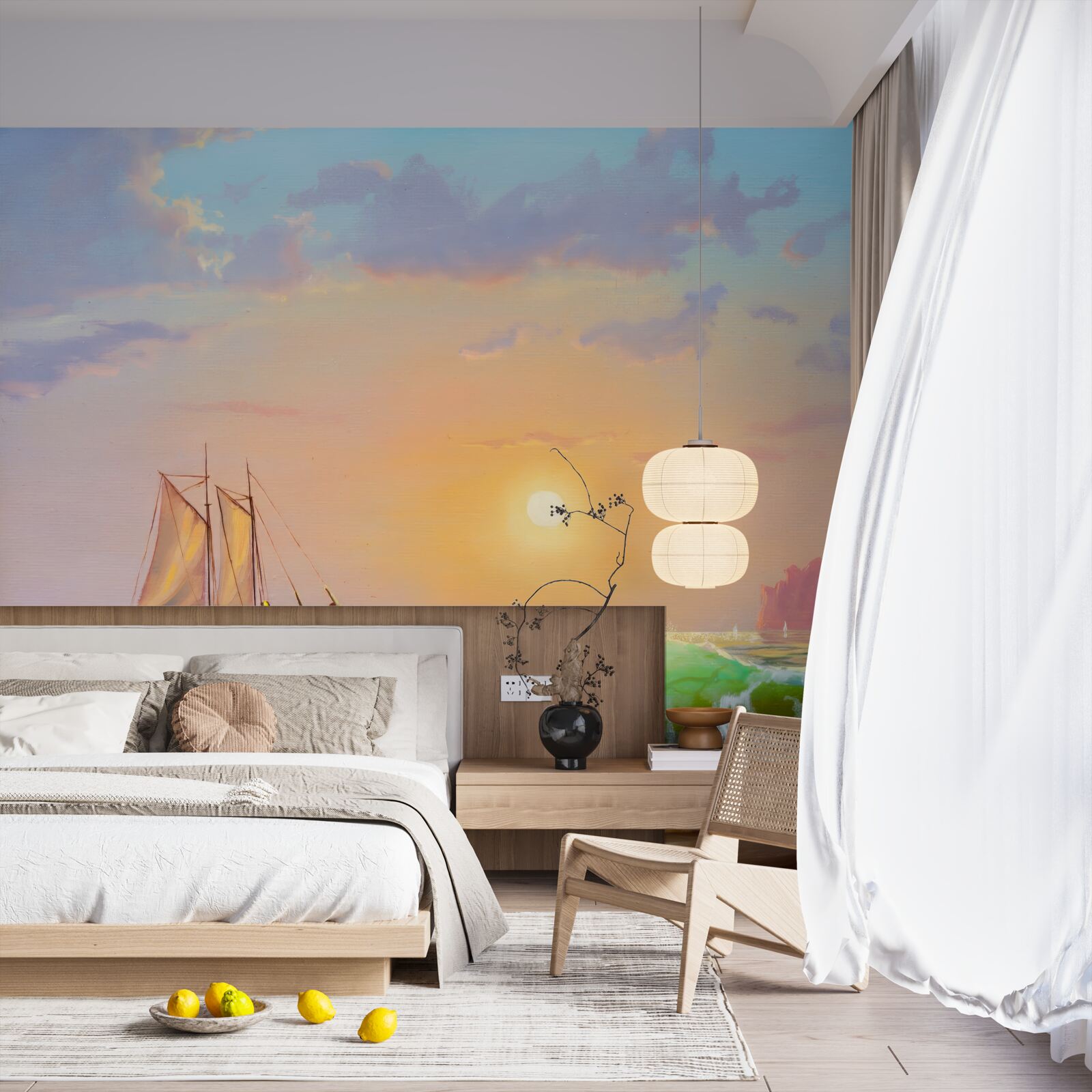 Papier peint le navire navigue sur fond de coucher de soleil