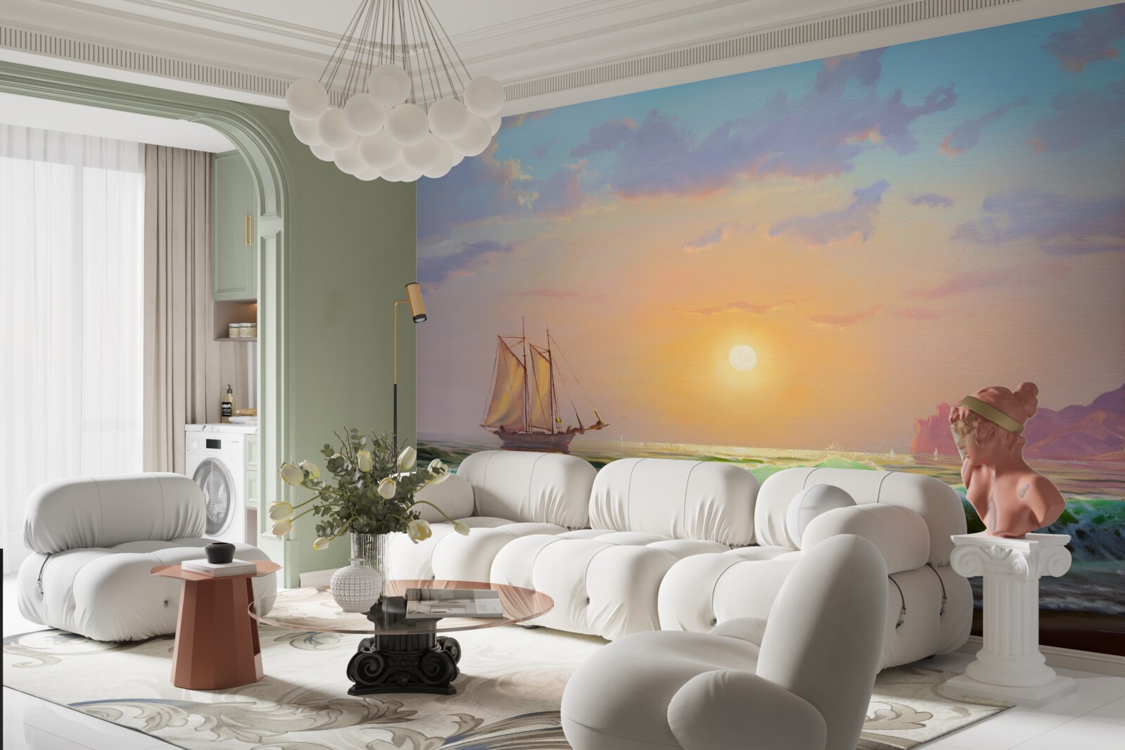 Papier peint le navire navigue sur fond de coucher de soleil