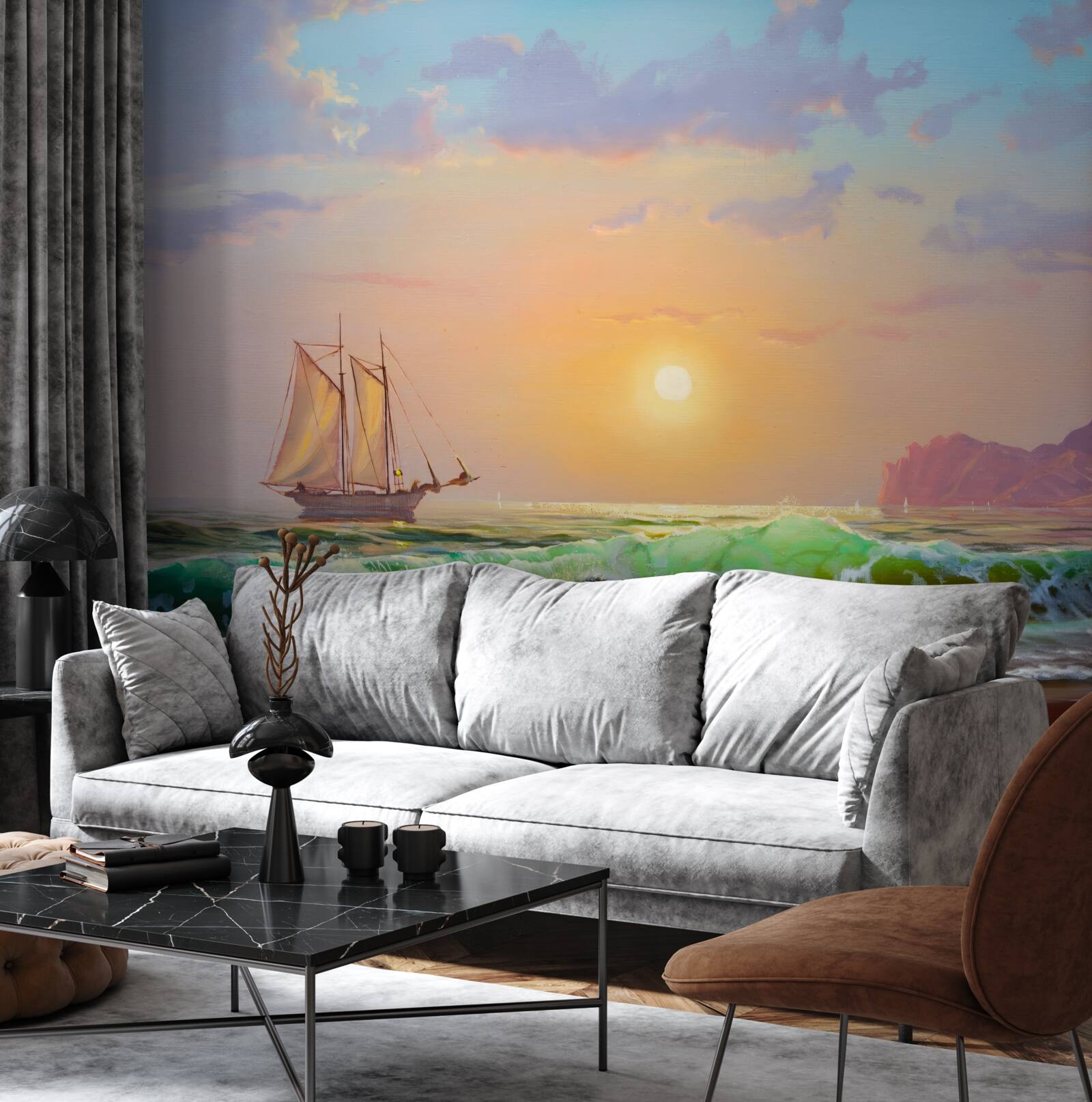 Papier peint le navire navigue sur fond de coucher de soleil