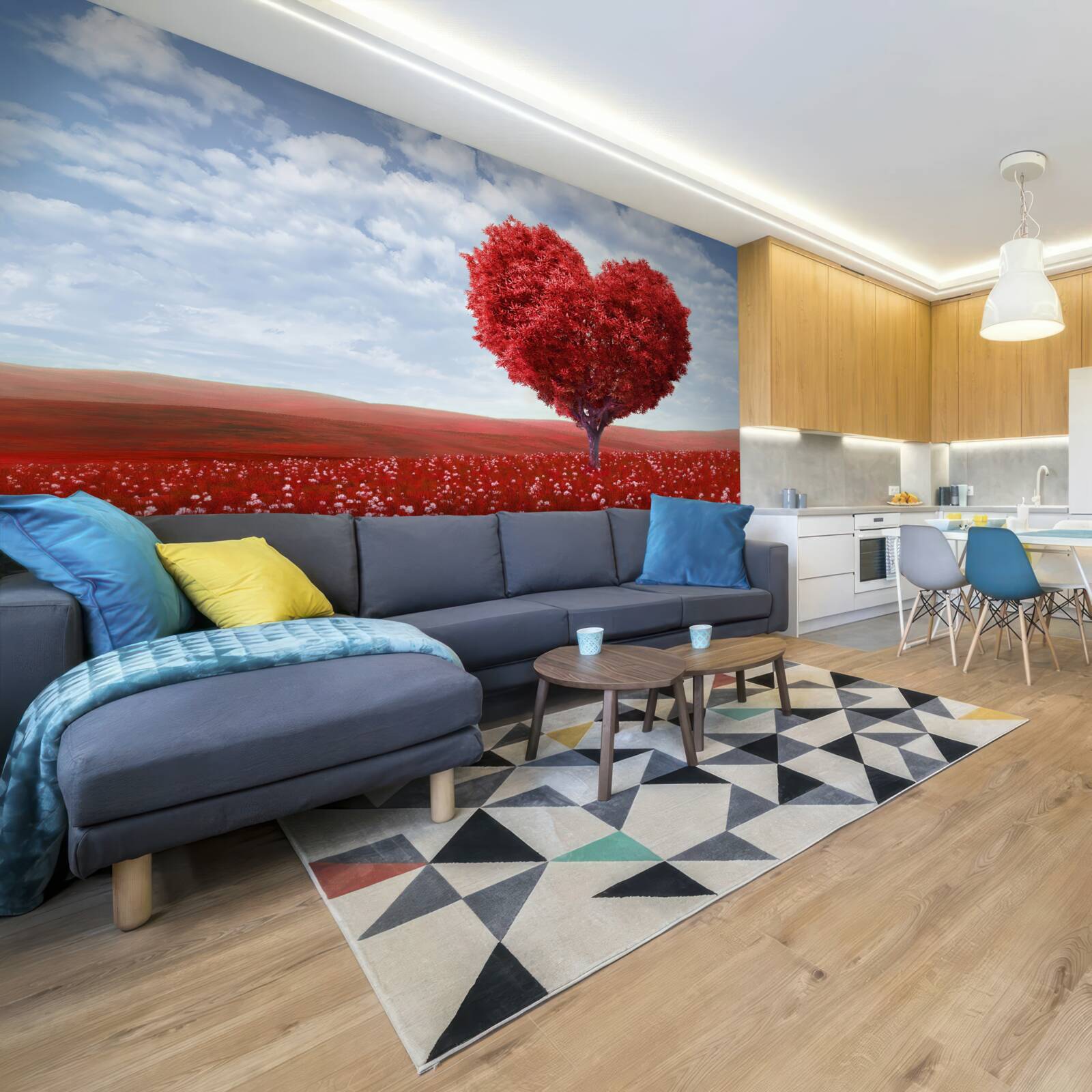 Papier peint arbre en forme de cœur avec des feuilles écarlates