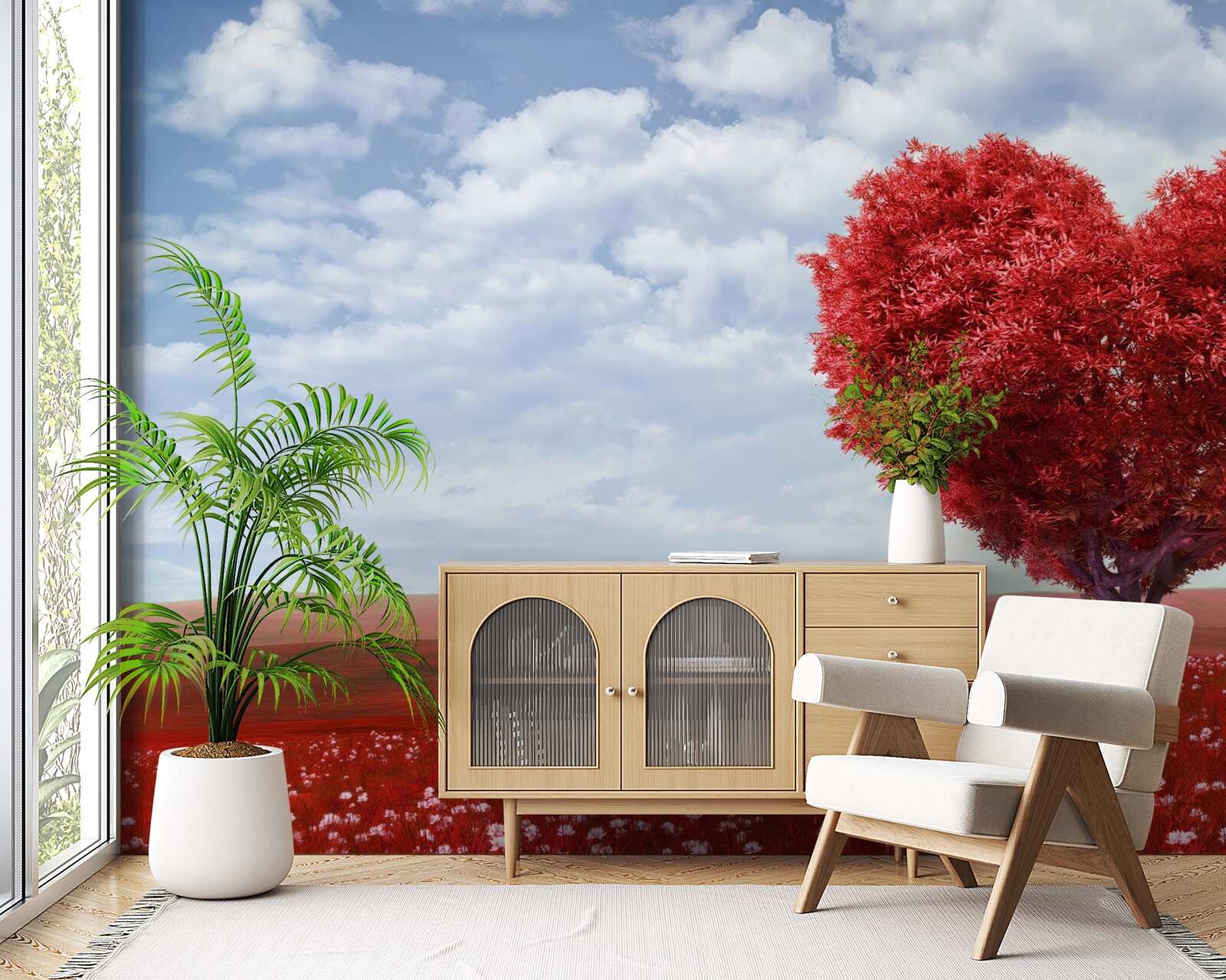 Papier peint arbre en forme de cœur avec des feuilles écarlates