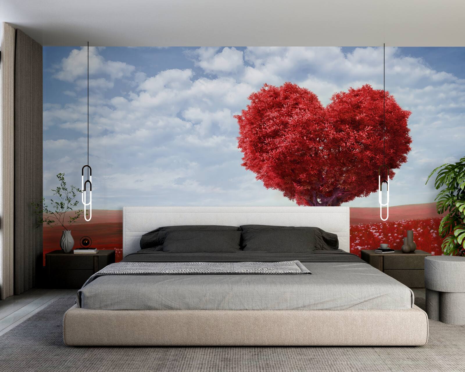 Papier peint arbre en forme de cœur avec des feuilles écarlates