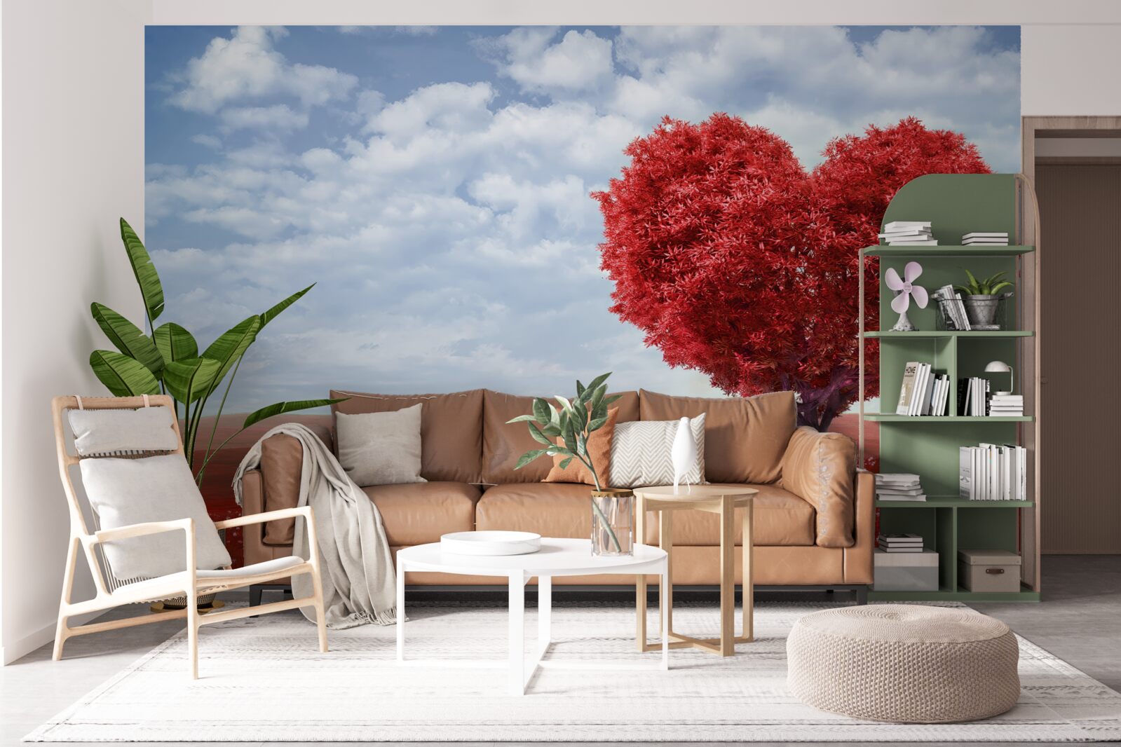 Papier peint arbre en forme de cœur avec des feuilles écarlates