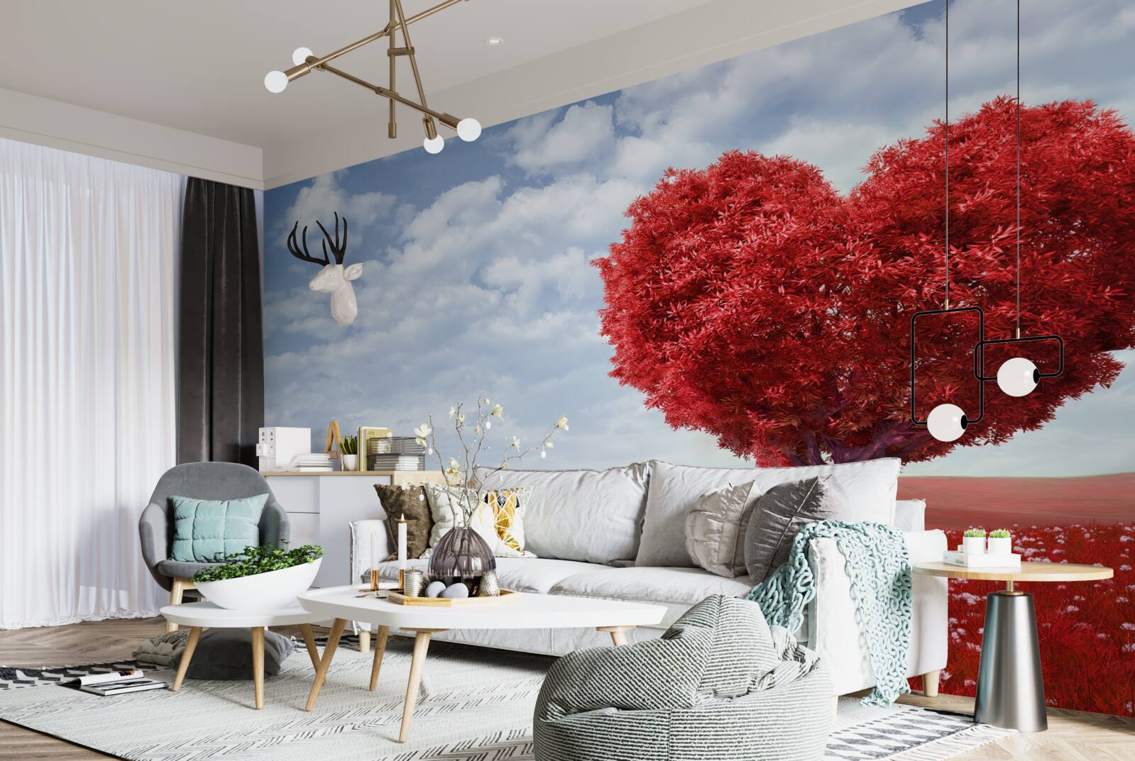 Papier peint arbre en forme de cœur avec des feuilles écarlates