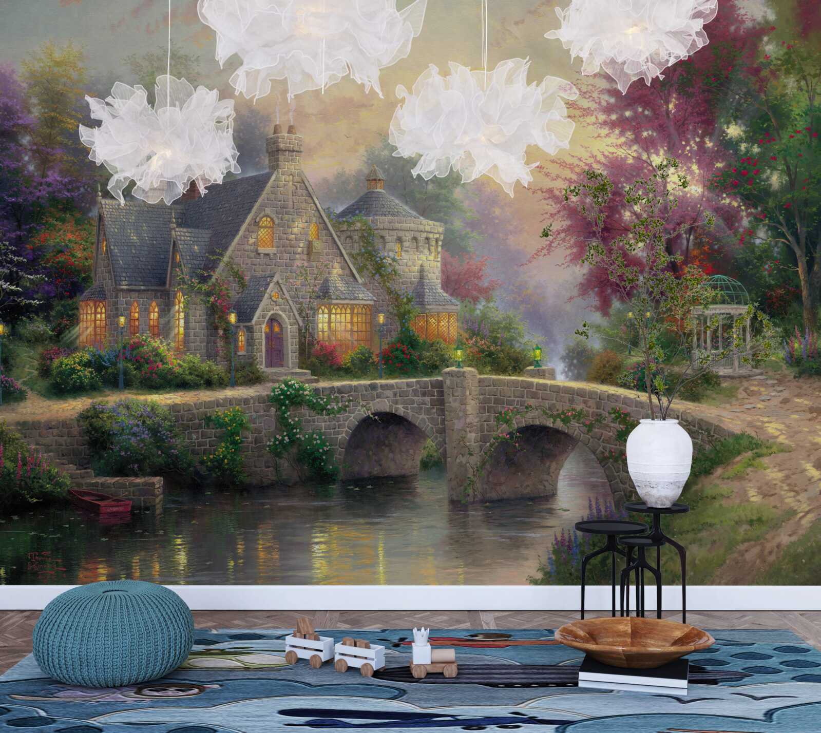 Papier peint bâtiment avec fenêtres éclairées