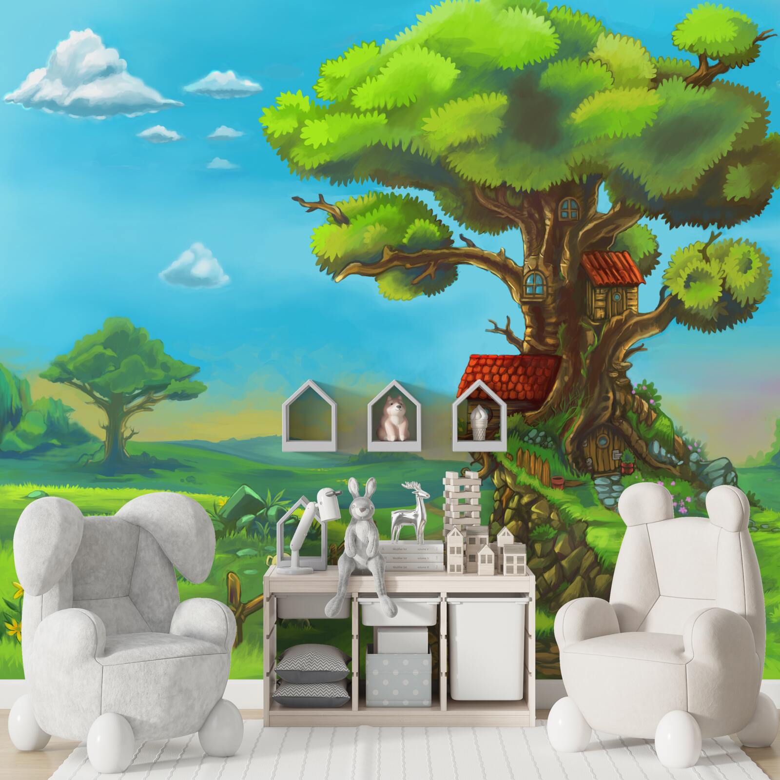 Papier peint cabanes magiques dans les arbres feuillus