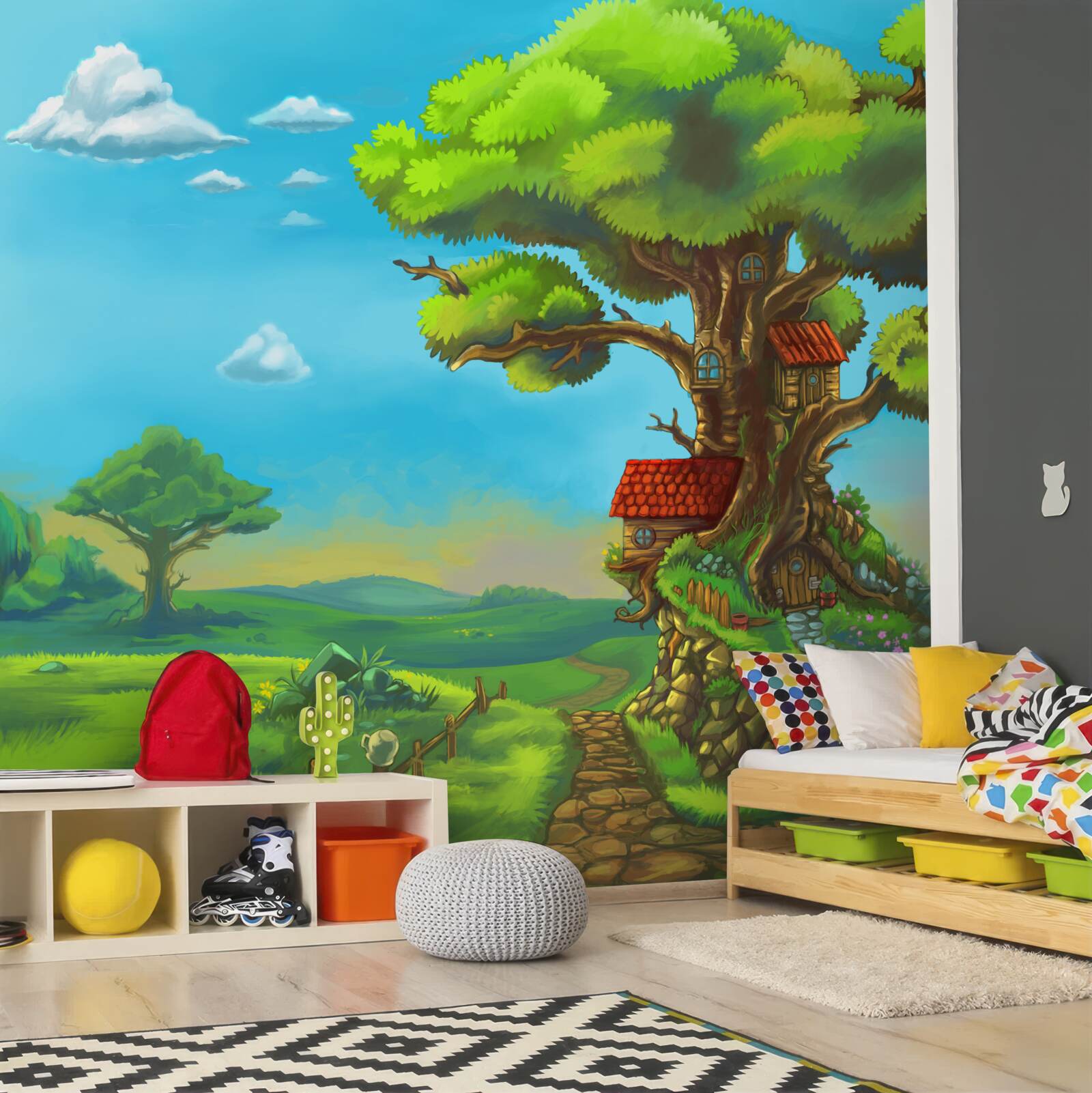 Papier peint cabanes magiques dans les arbres feuillus