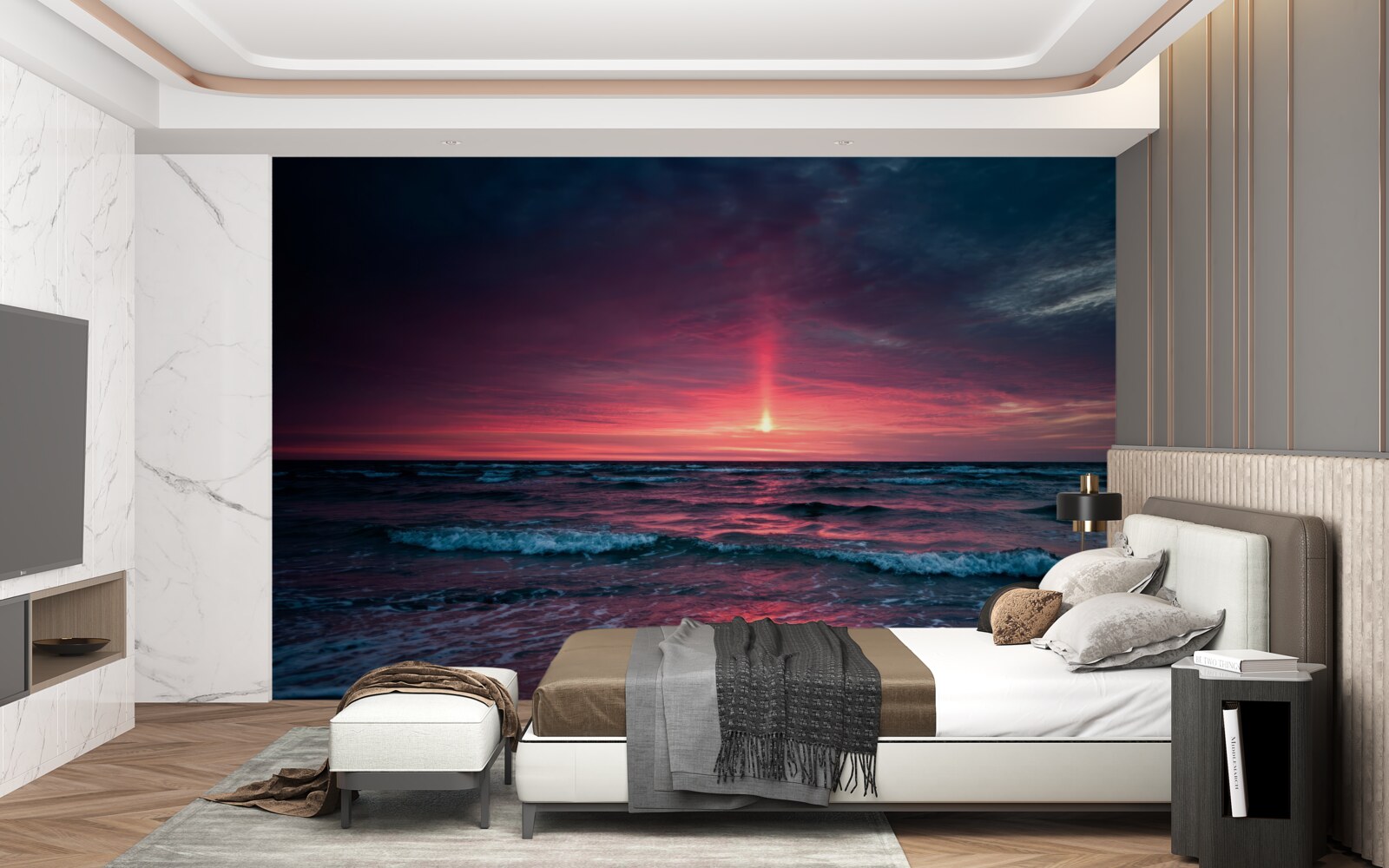 Papier peint le soleil se couche sous l'horizon de la mer