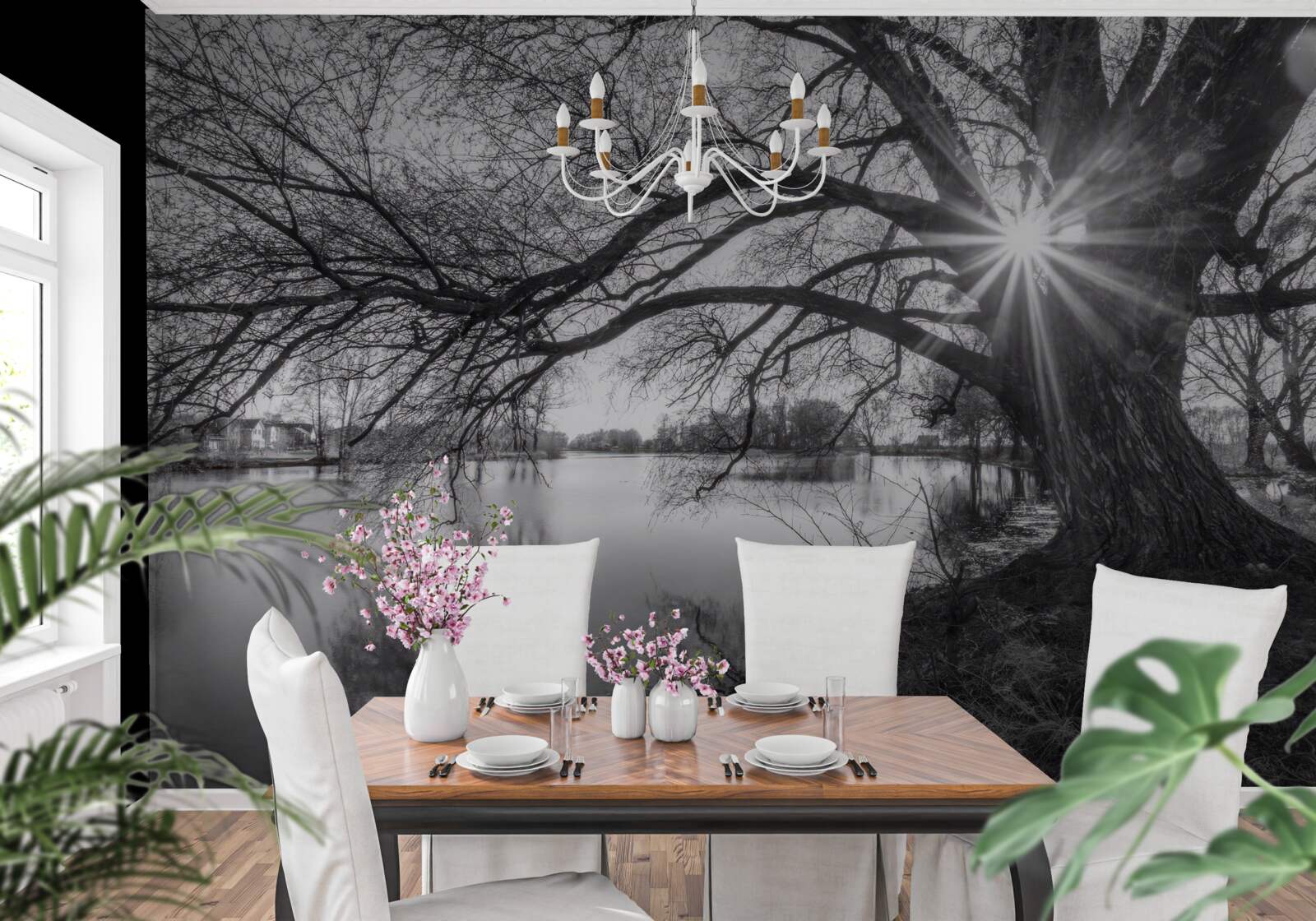 Papier peint un rayon de soleil traverse les branches d'un arbre près de l'eau