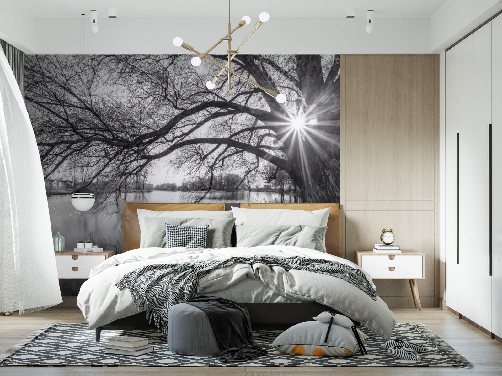 Papier peint un rayon de soleil traverse les branches d'un arbre près de l'eau