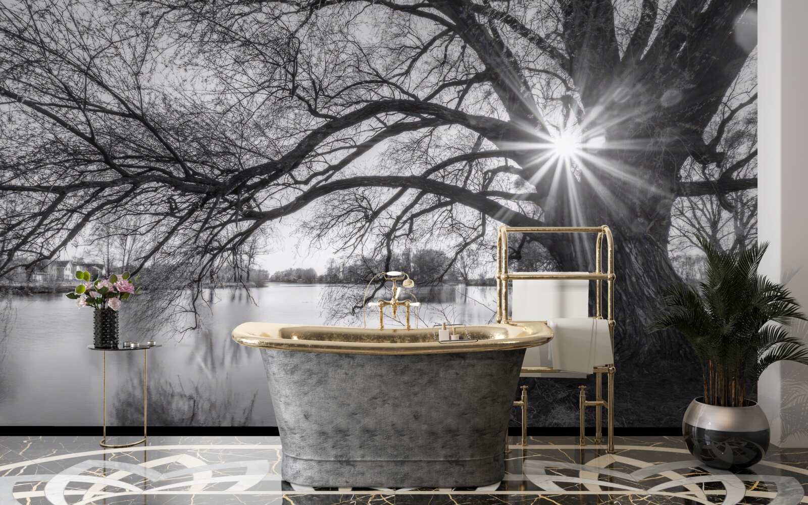 Papier peint un rayon de soleil traverse les branches d'un arbre près de l'eau