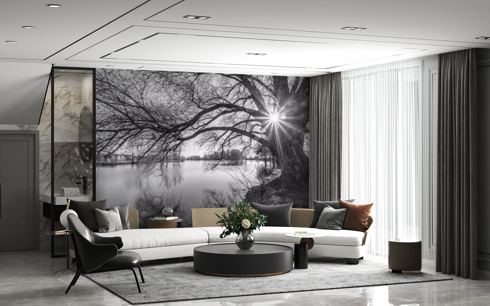 Papier peint un rayon de soleil traverse les branches d'un arbre près de l'eau