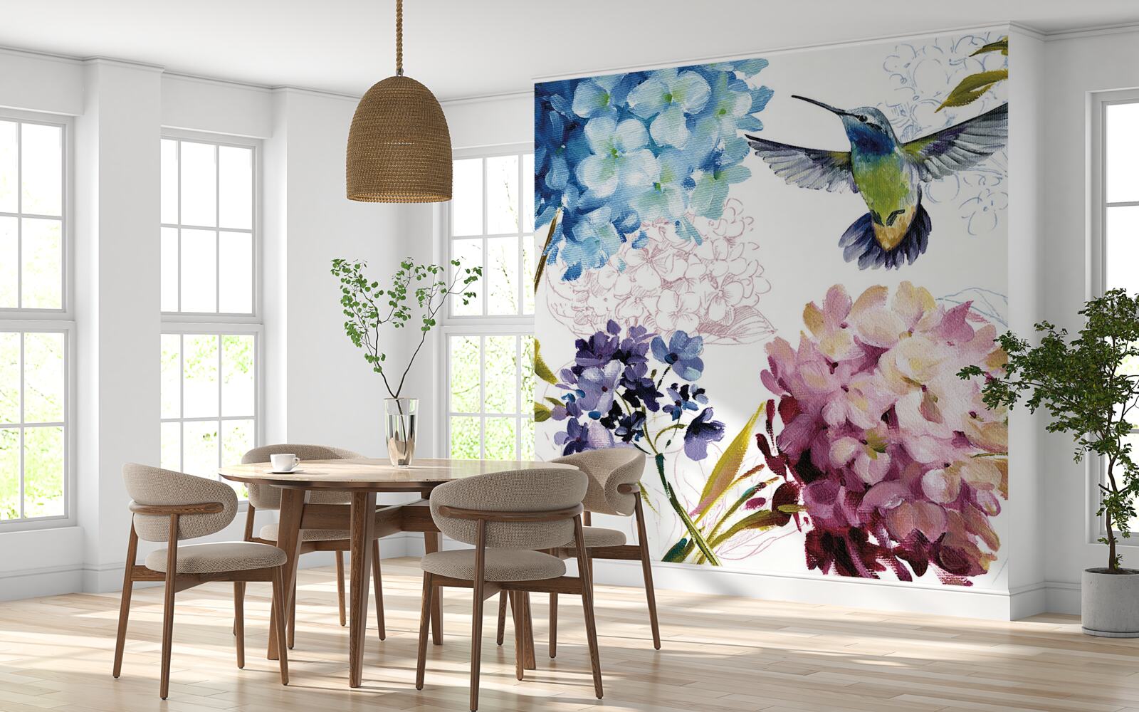 Papier peint colibri représenté parmi les fleurs