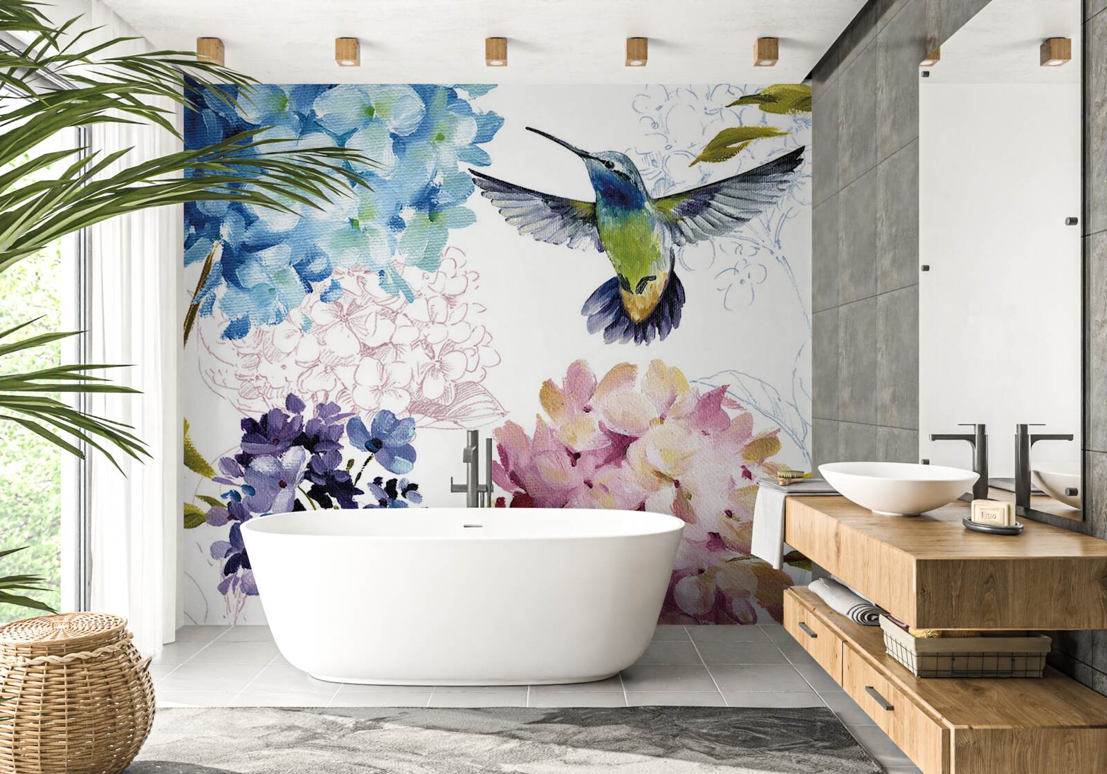 Papier peint colibri représenté parmi les fleurs