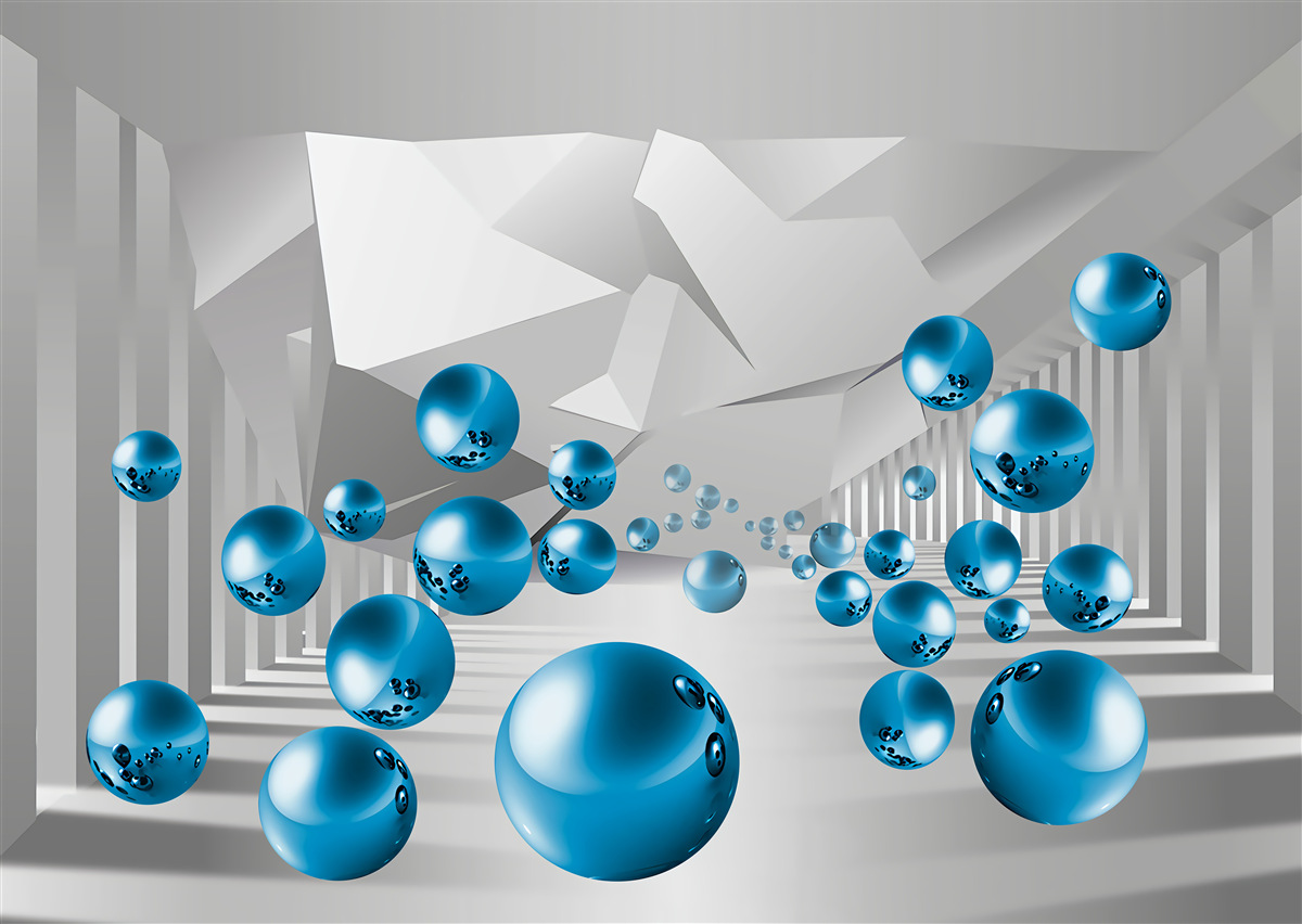 Papier peint boules bleues volumétriques dans le couloir