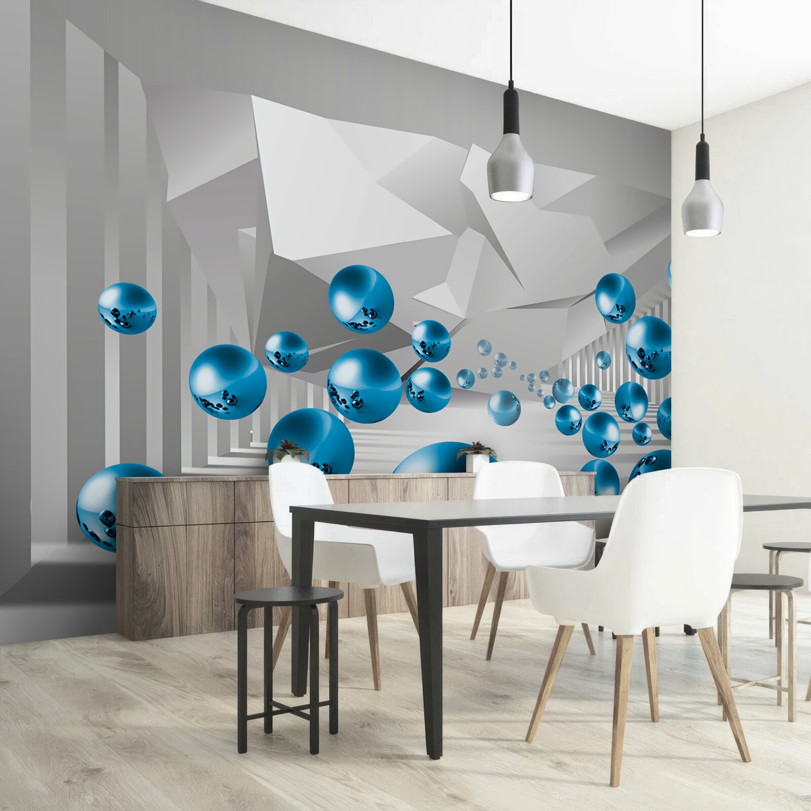 Papier peint boules bleues volumétriques dans le couloir