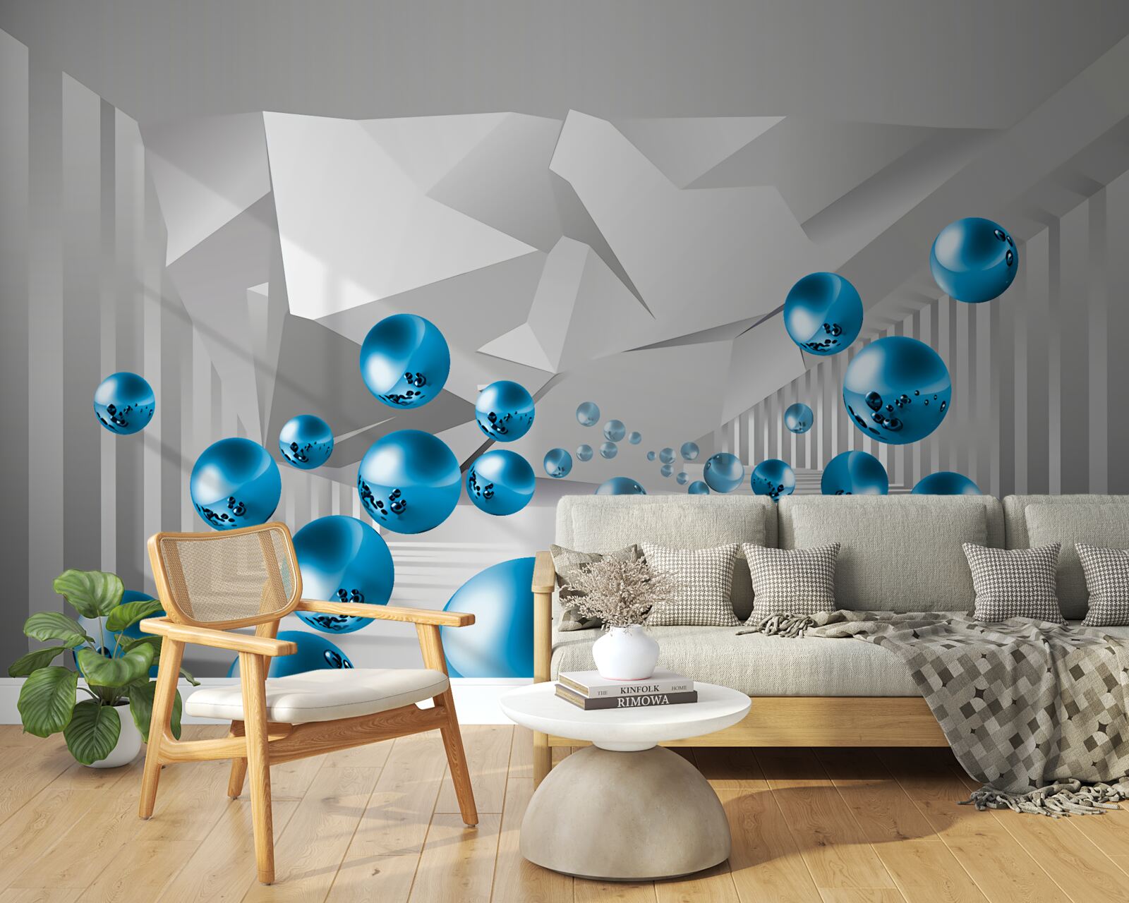 Papier peint boules bleues volumétriques dans le couloir