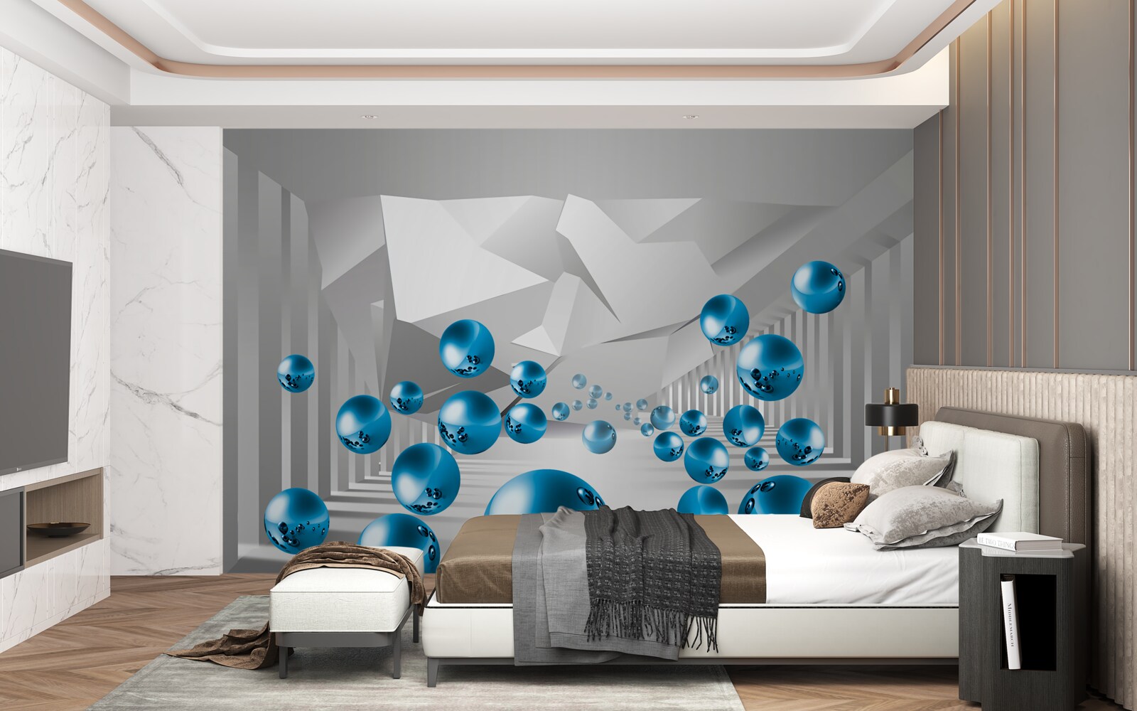 Papier peint boules bleues volumétriques dans le couloir