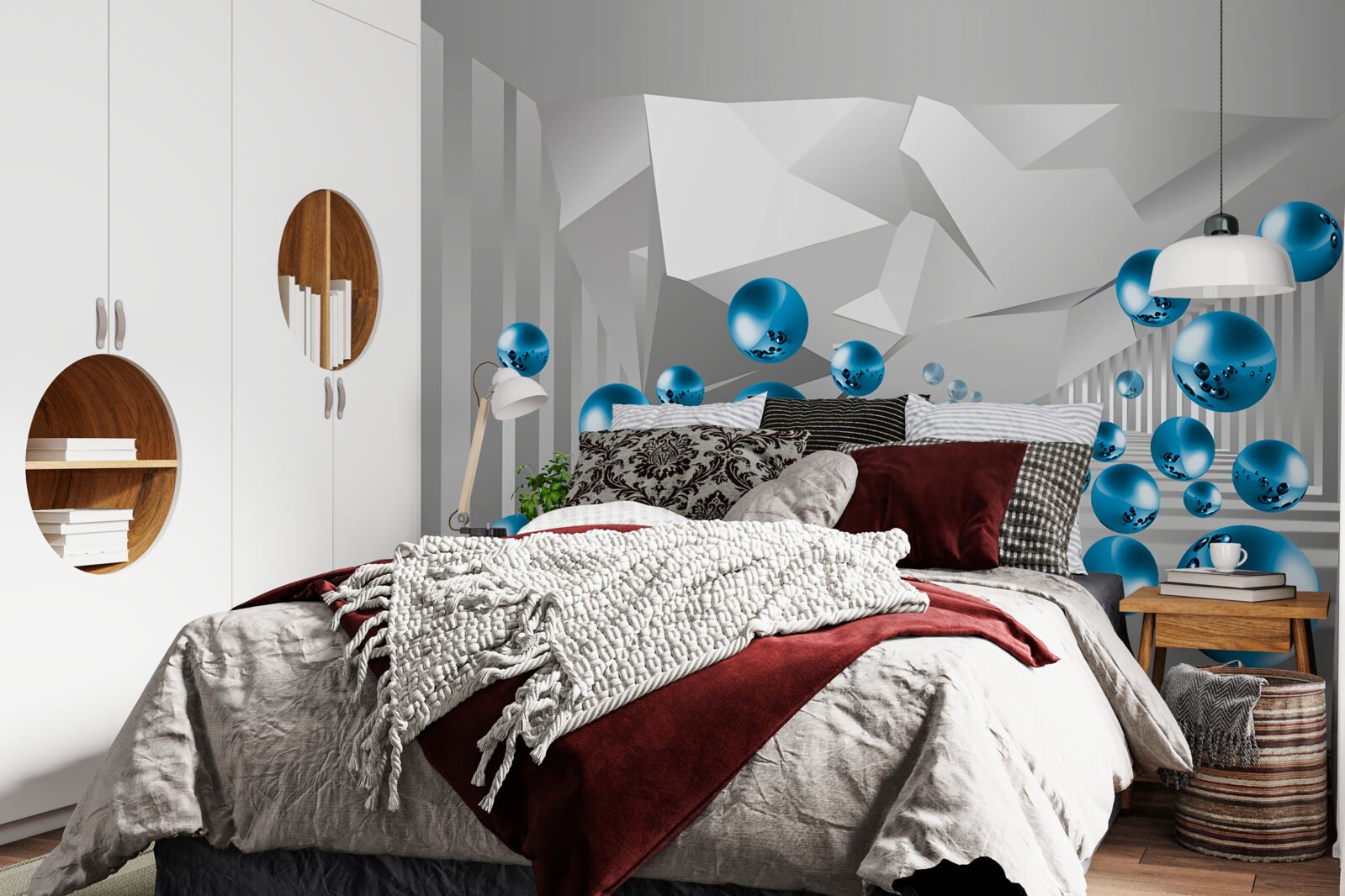 Papier peint boules bleues volumétriques dans le couloir