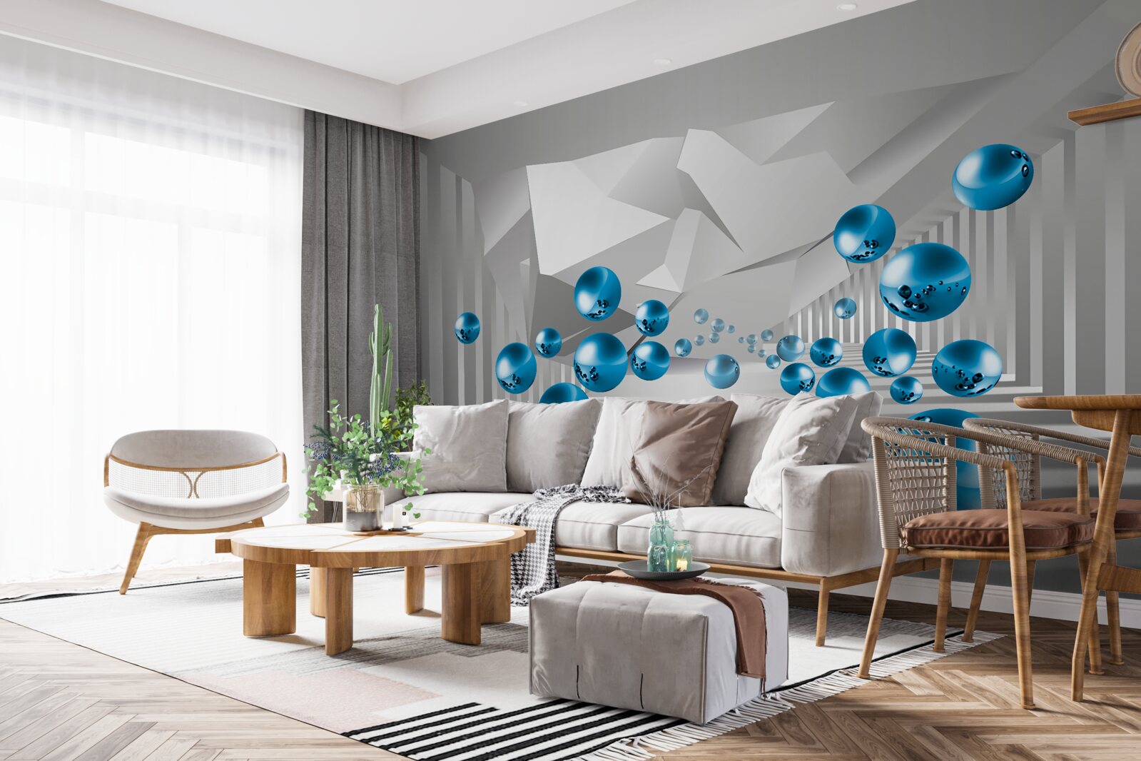 Papier peint boules bleues volumétriques dans le couloir