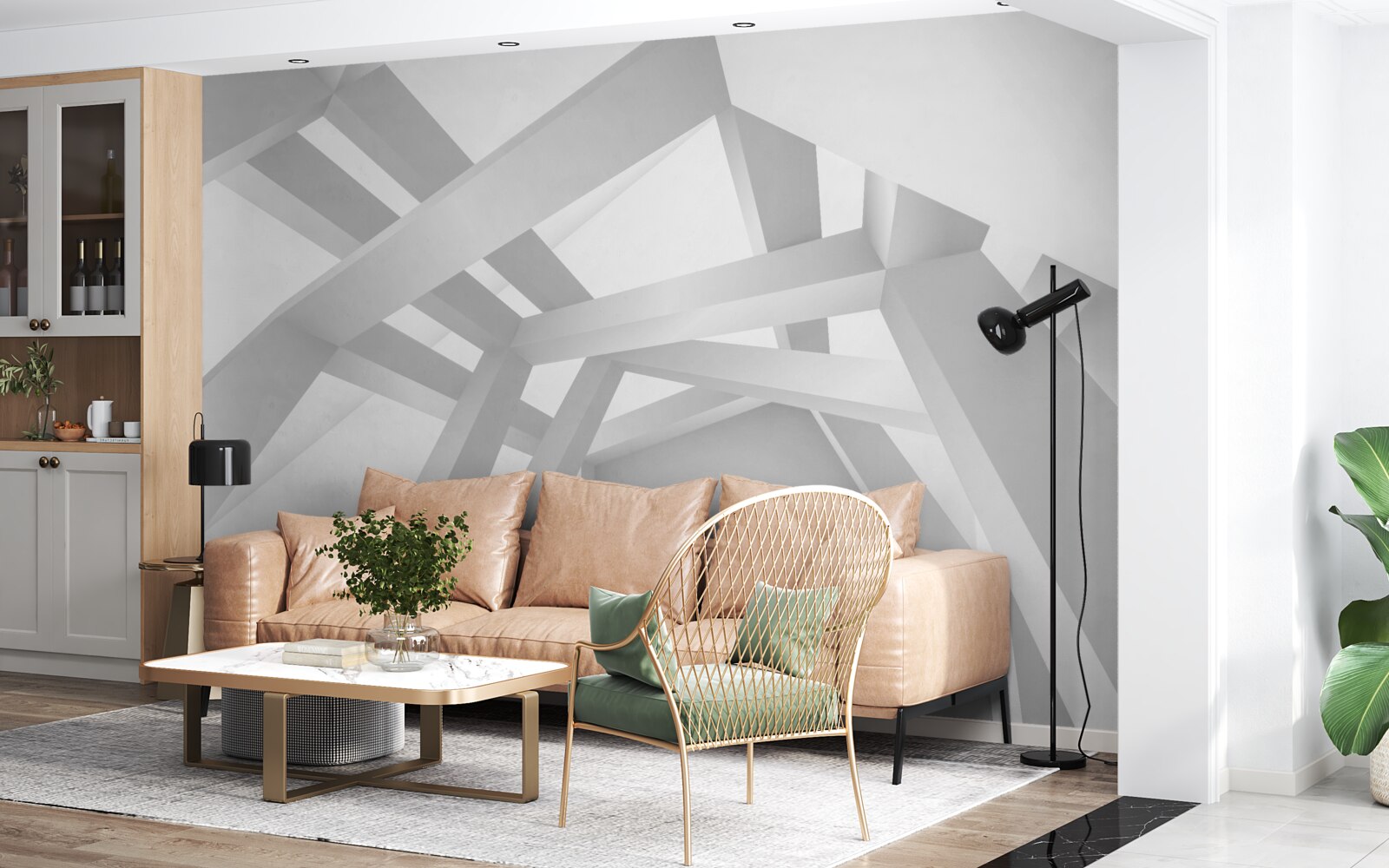 Papier peint composition abstraite volumétrique en gris