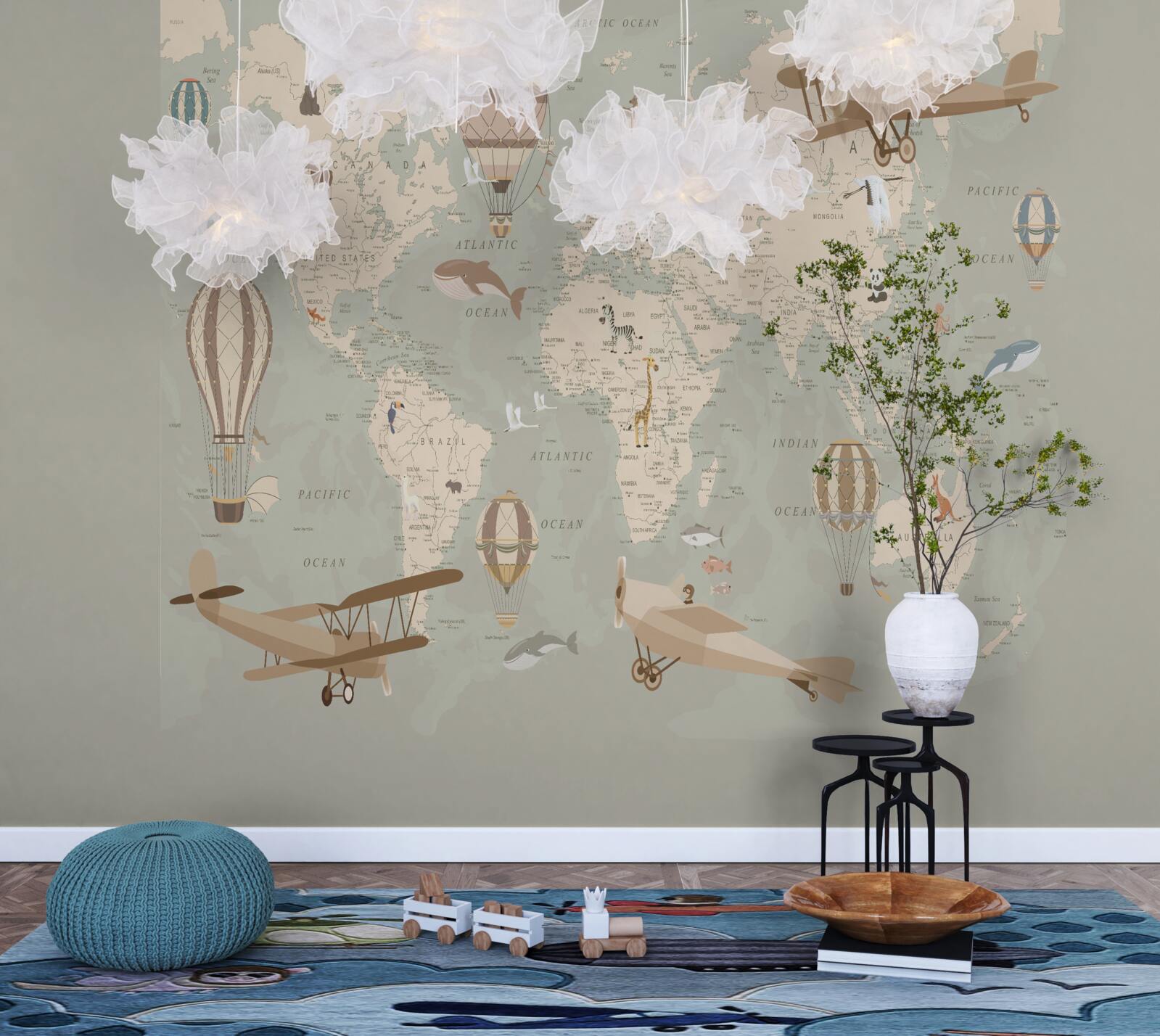 Papier peint carte du monde et différents types de transport aérien