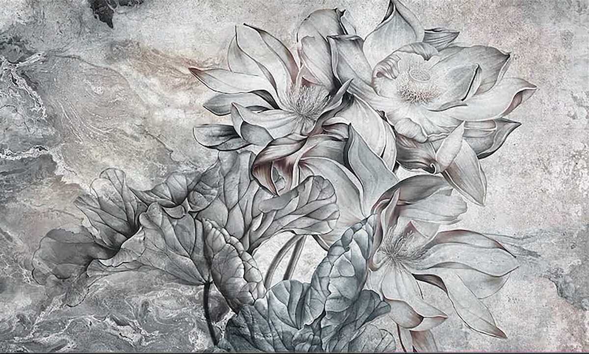 Papier peint grandes fleurs de forme inhabituelle, dessinées à la main