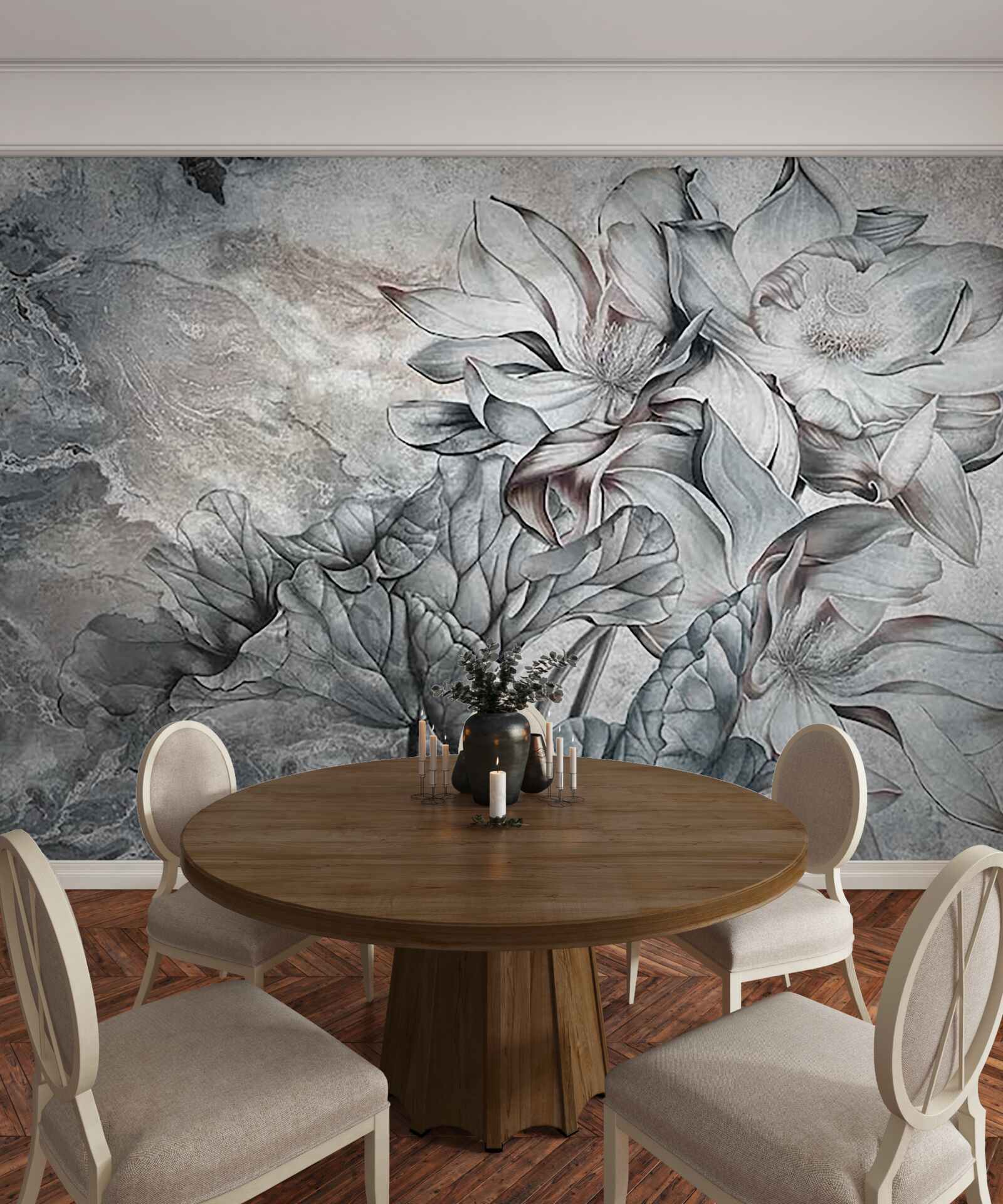 Papier peint grandes fleurs de forme inhabituelle, dessinées à la main