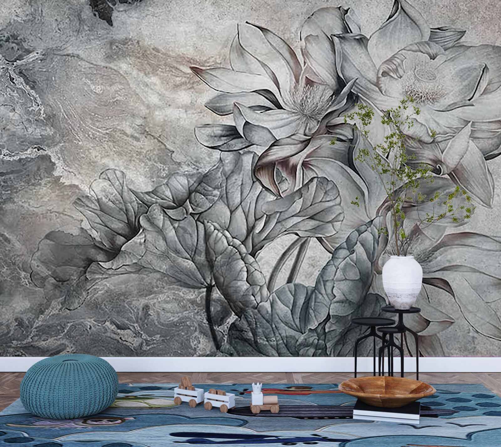 Papier peint grandes fleurs de forme inhabituelle, dessinées à la main