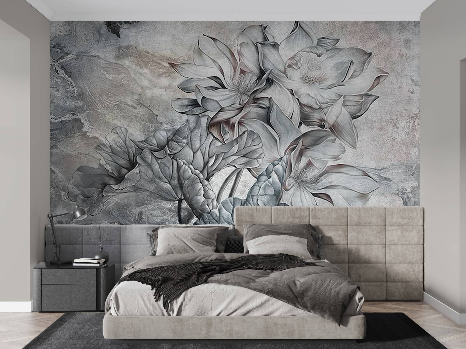 Papier peint grandes fleurs de forme inhabituelle, dessinées à la main