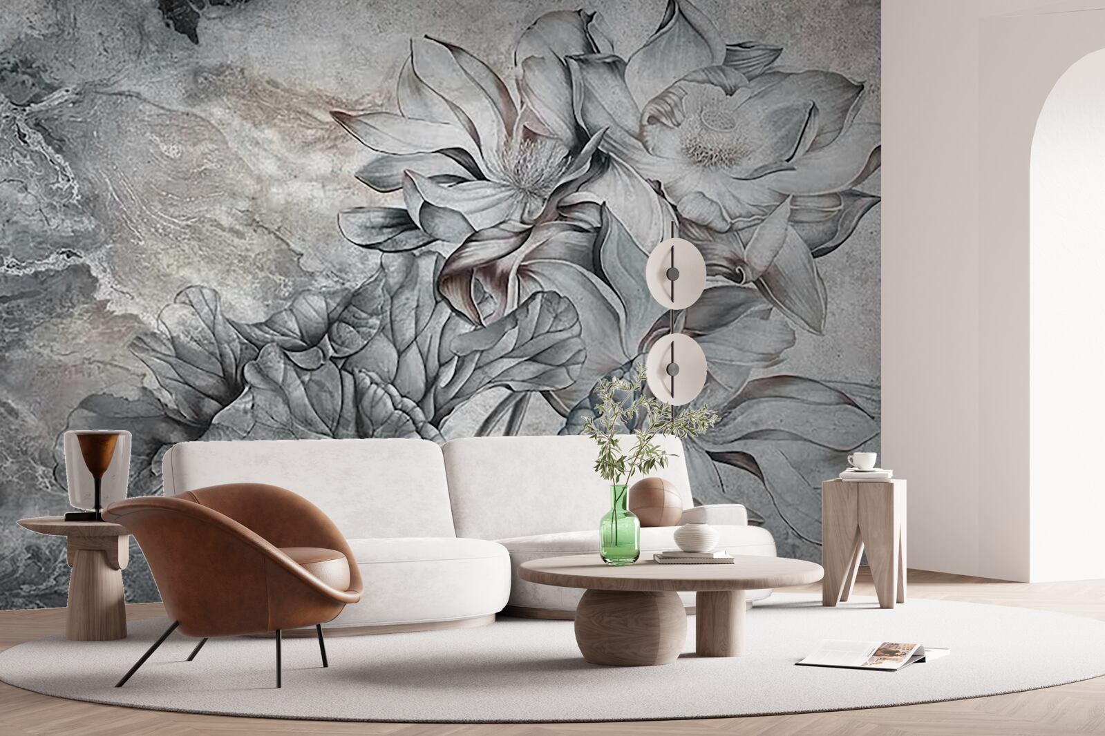 Papier peint grandes fleurs de forme inhabituelle, dessinées à la main